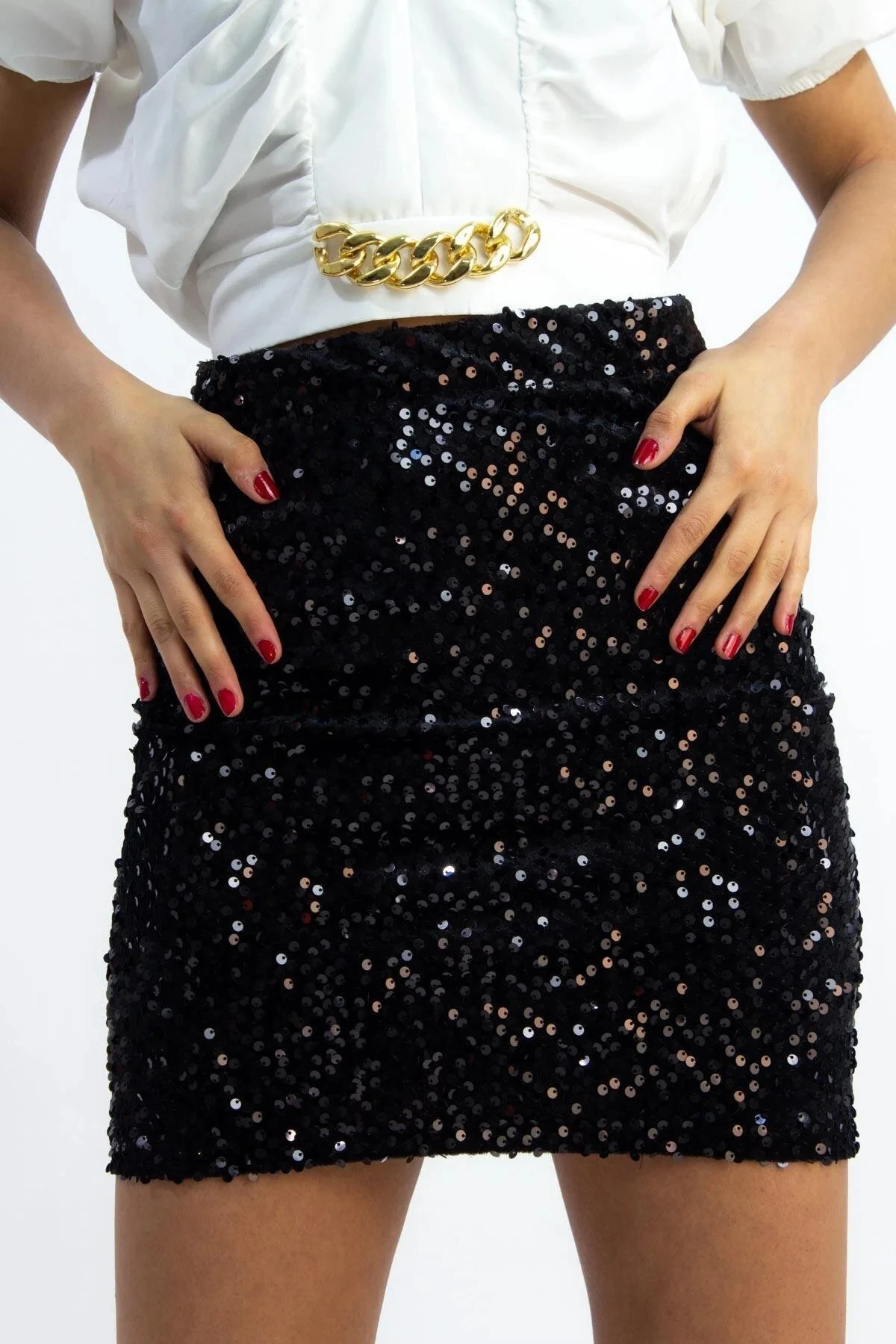 47 Cm Pullu Mini Etek Parti Düğün Gece Mini Etek Siyah