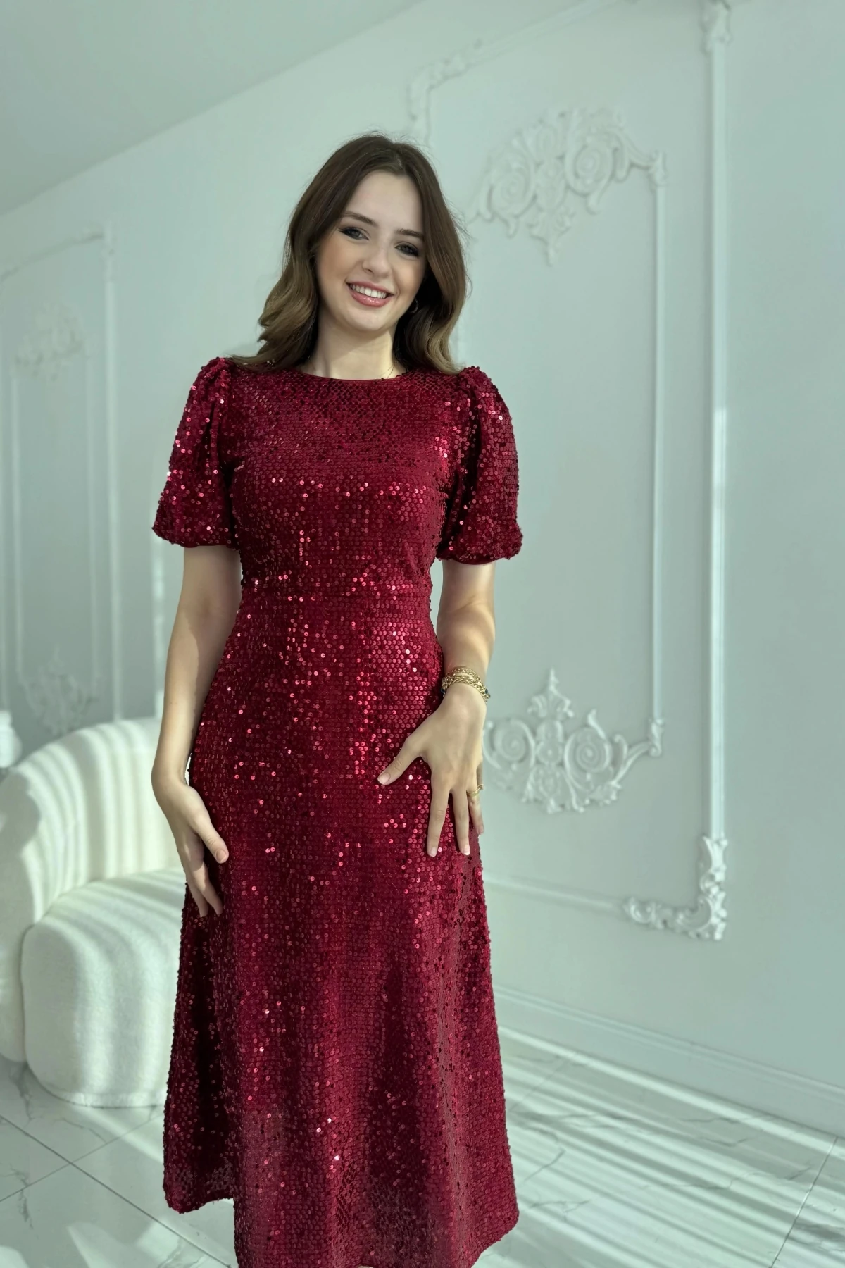 Bordo Midi Boy Pul Payet Elbise