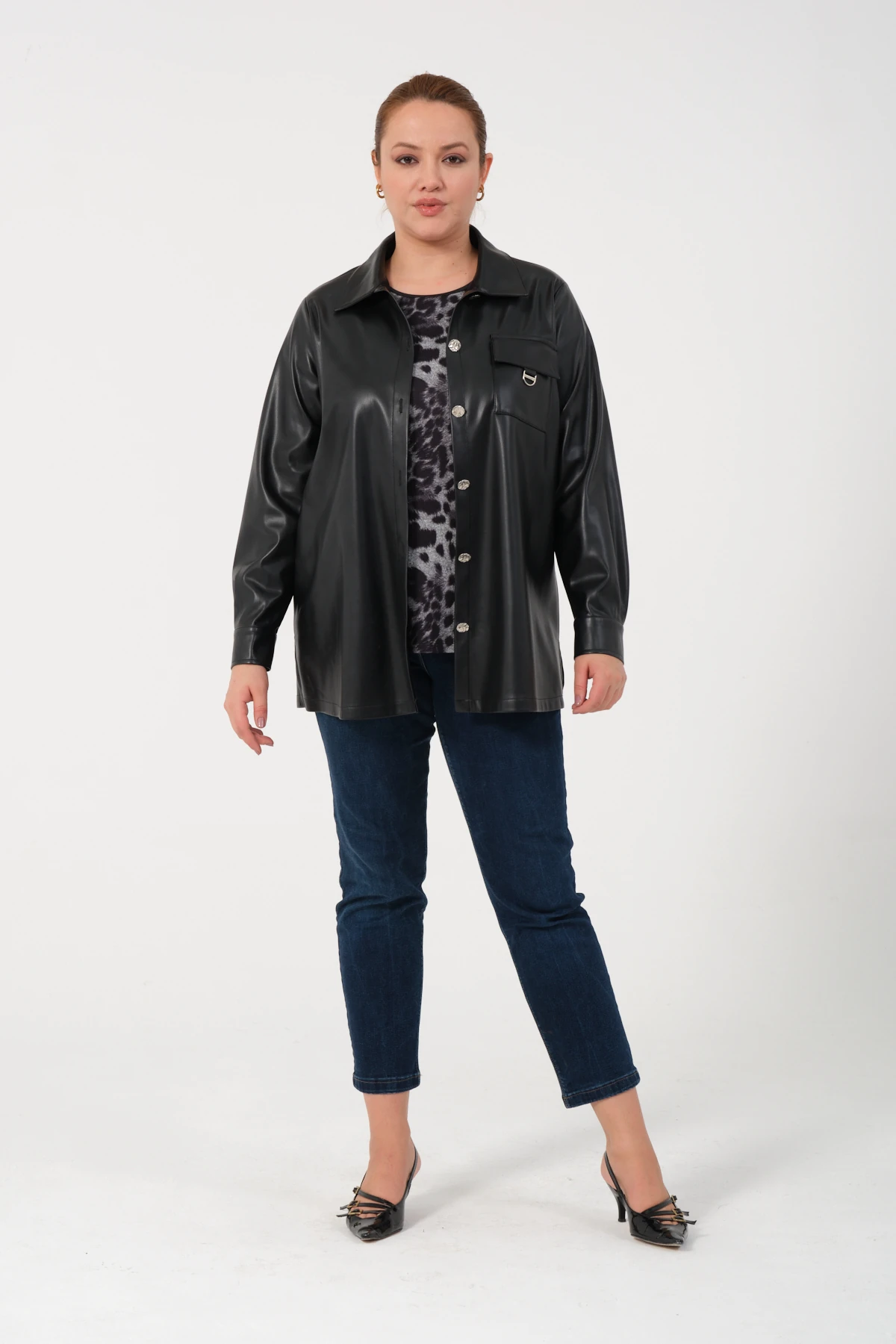 Cepli Düğme Detaylı Süet Astarlı Büyük Beden Deri Ceket Bluz