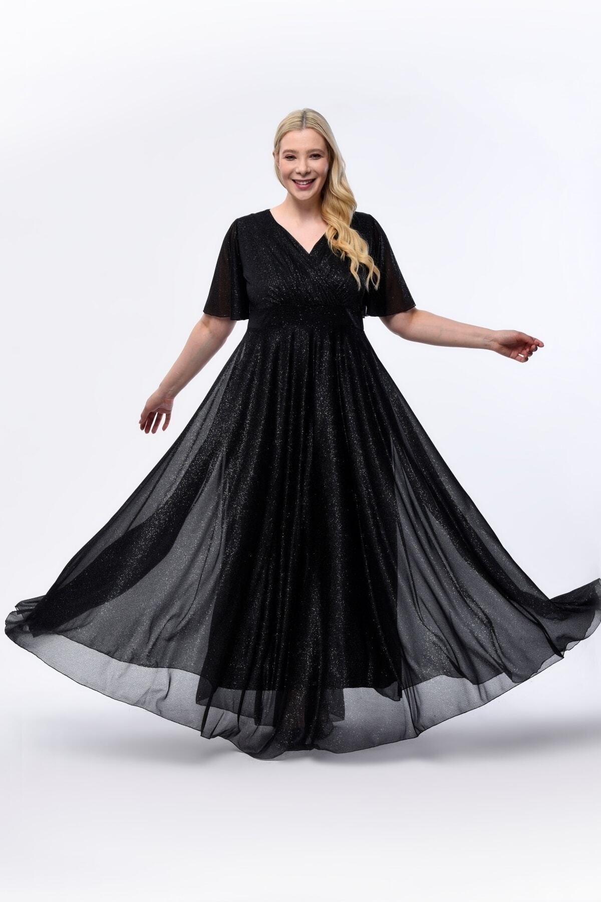 Işıltı Büyük Beden Simli Tül Esnek Kruvaze Yaka Volan Kol Uzun Büyük Beden Şık Abiye Elbise 3051