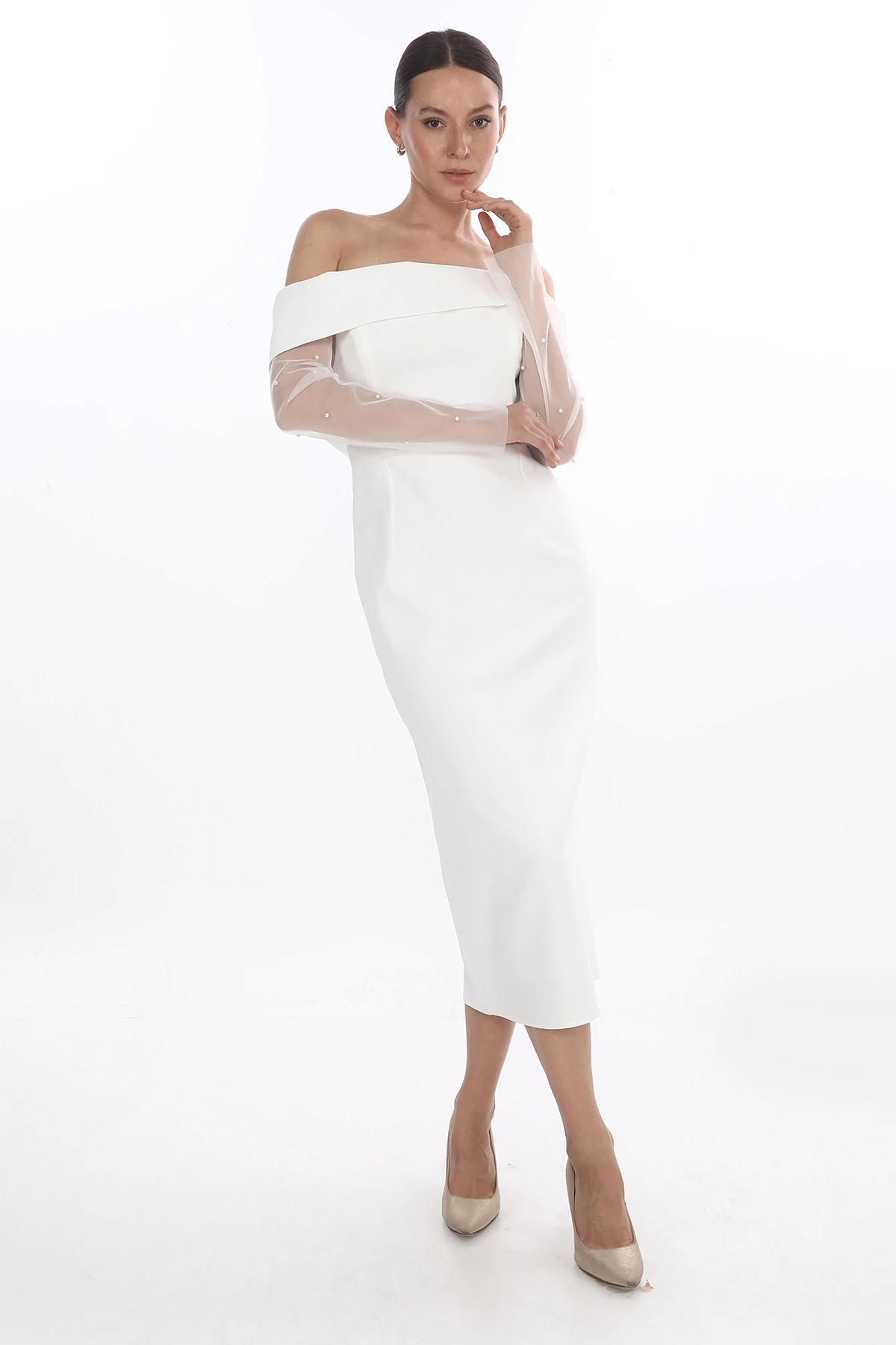 kırık beyaz incili kol detaylı