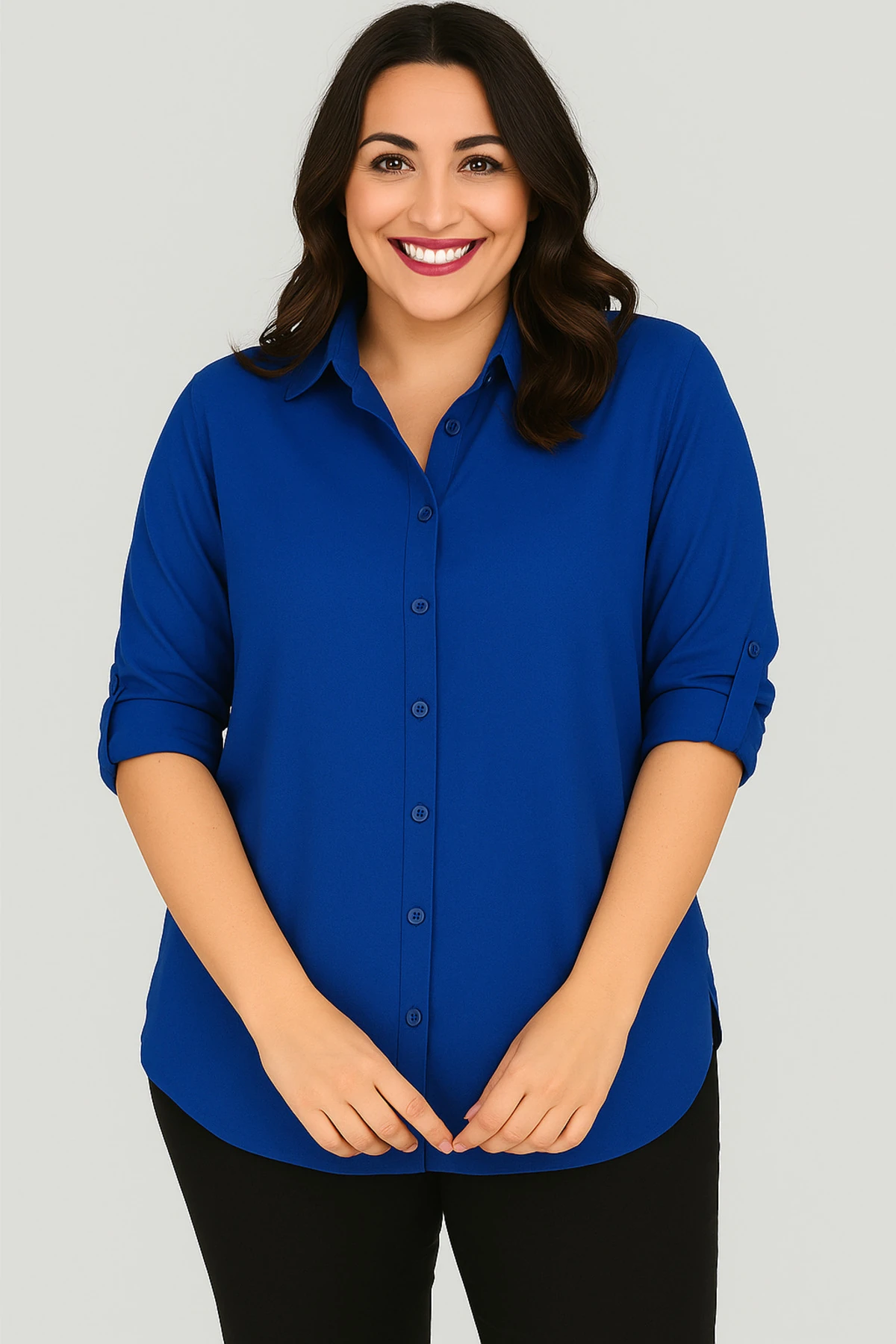 Kadın Büyük Beden Düz Renk Kol Ve Yan Katlamalı Dokuma Viskon Gömlek