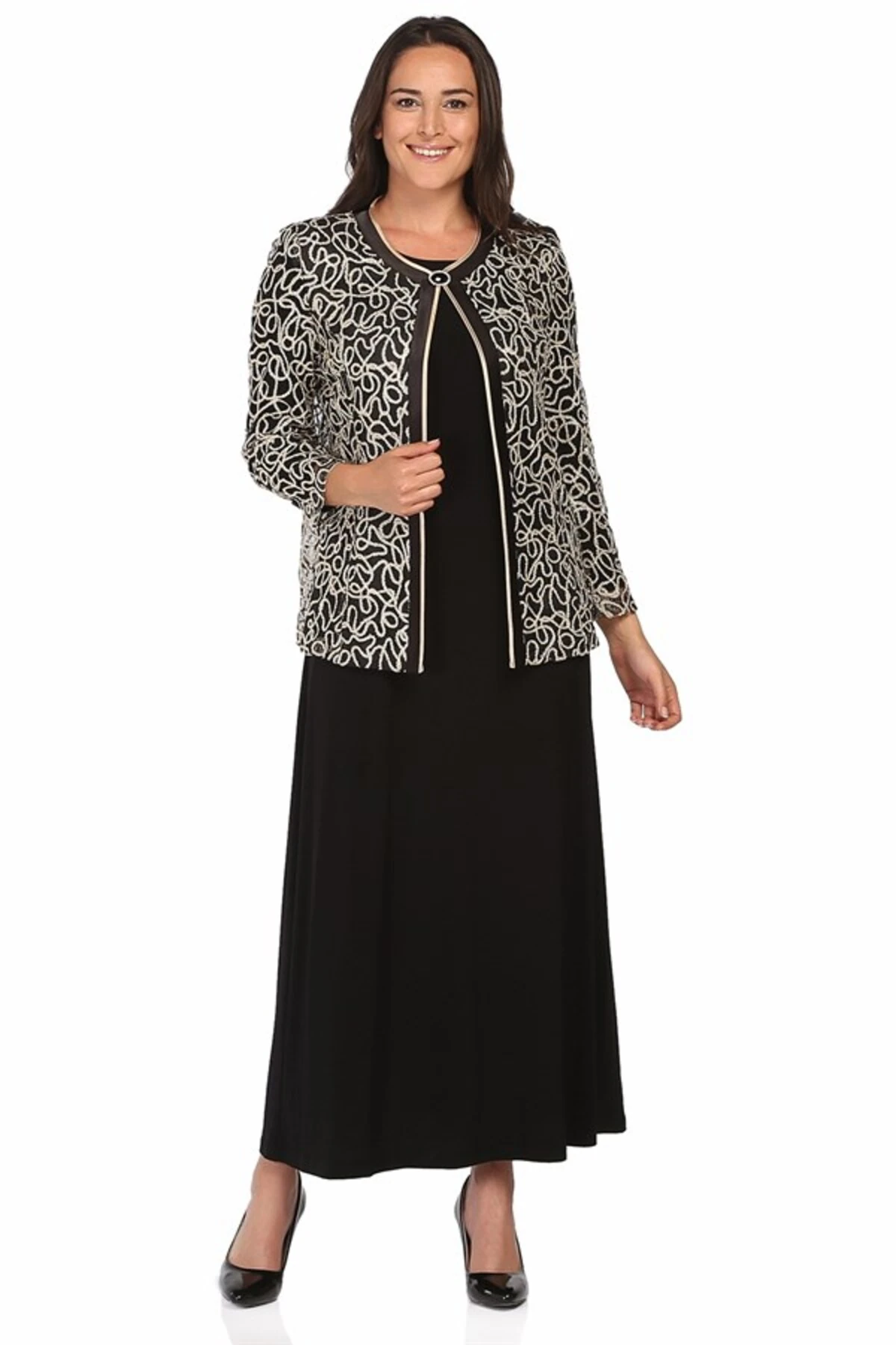 Büyük Beden 2933 Siyah-altın Elbiseli Takım