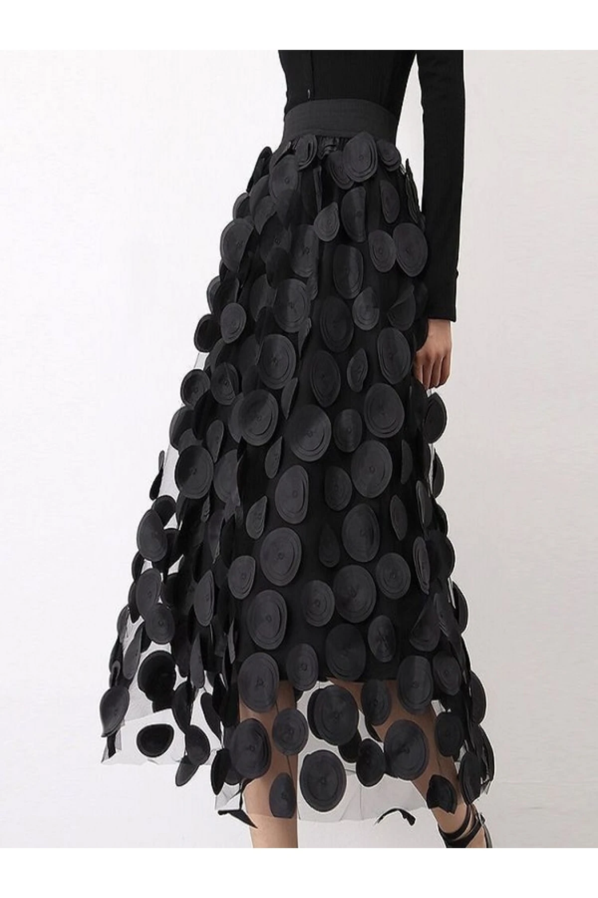 Kadın Siyah Midi Boy Tasarım Etek