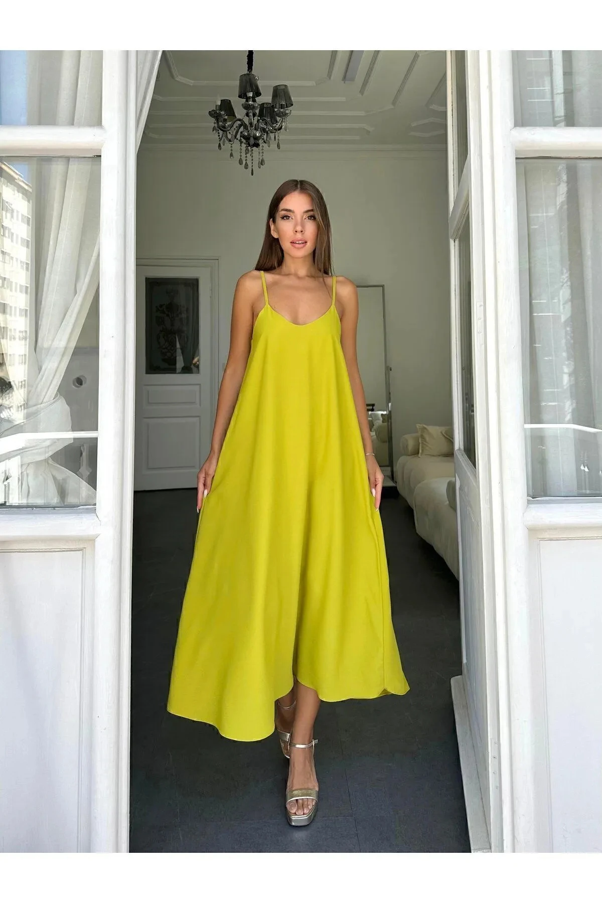 Aerobin Kumaş Ayarlanabilir Askılı Uzun Neon Sarı Elbise