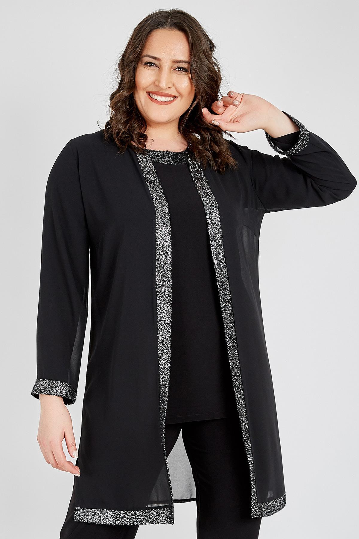 Büyük Beden 3717 Siyah Gümüş Ceket Bluz Ikili Takım