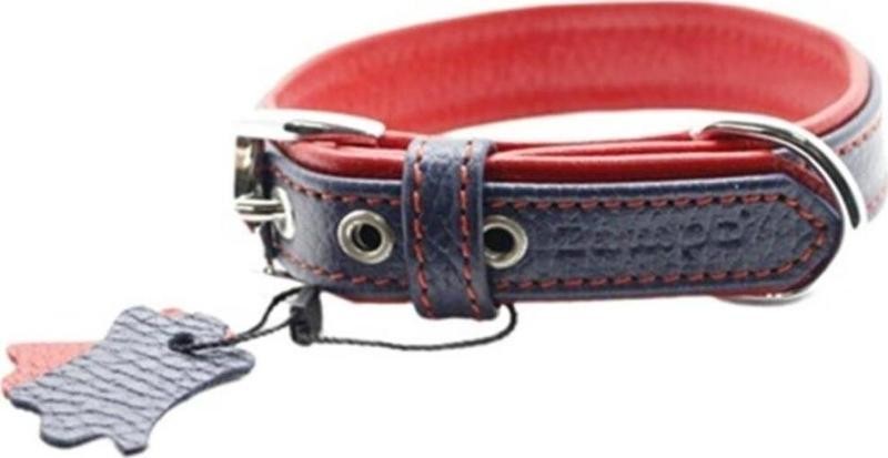 Zampa Yumuşak Dokulu Gerçek Deri Flatiron Köpek Boyun Tasması 2,5x47 cm cm, Lacivert Kırmızı