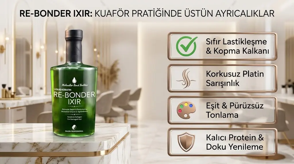 Rebonder İksiri, bağ onarıcı, bond repair, saç bağ onarıcı, sıvı keratin, moleküler saç bakımı, disülfit bağ onarımı, yıpranmış saç bakımı, lastikleşen saç onarımı, kopan saçlara bakım, profesyonel saç bakımı, platin sarı saç bakımı, kuaför, kuaför toptan,