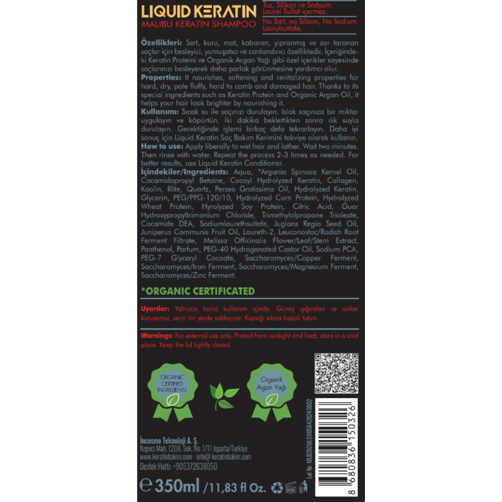 Kuru Mat Sert Kabaran Saçlar İçin 350ml Tuzsuz Sülfatsız Keratin Malibu Şampuanı Boyalı Saçlarda Güçlendirici Nemlendirici
