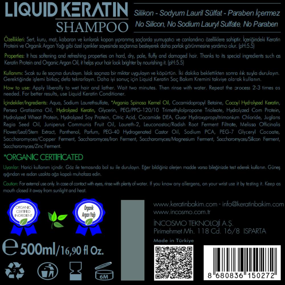 Kuru Sert Kabaran Yıpranmış Saçlara Tuzsuz Sülfatsız Keratin Şampuanı 500 ml Boyalı Saçlar İçin Nemlendirici