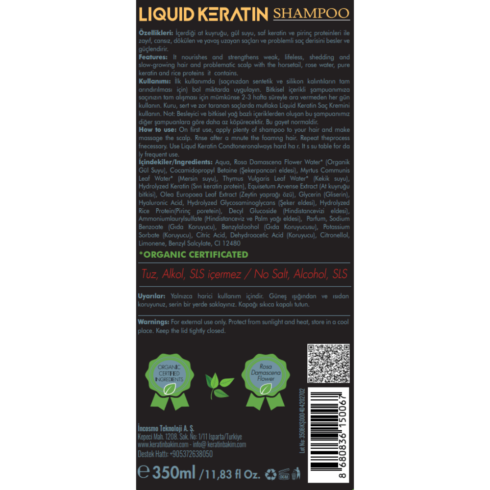 Sülfatsız Tuzsuz Besleyici Keratin Şampuanı (350ML)