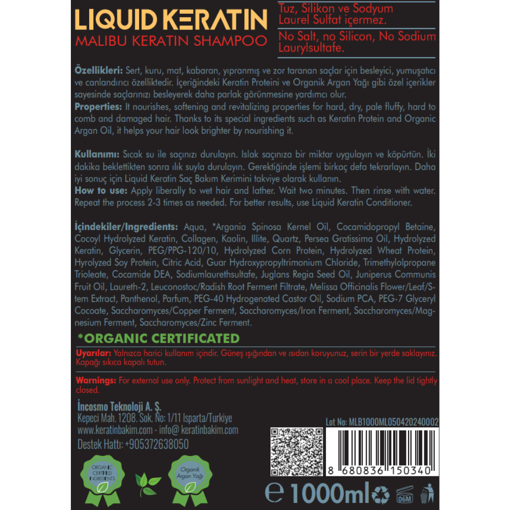 Kuru Sert Kabaran Elektriklenen Yıpranmış Saçlara Tuzsuz Sülfatsız Keratin Şampuanı 1000 ml Boyalı Saçlar İçin Nemlendirici