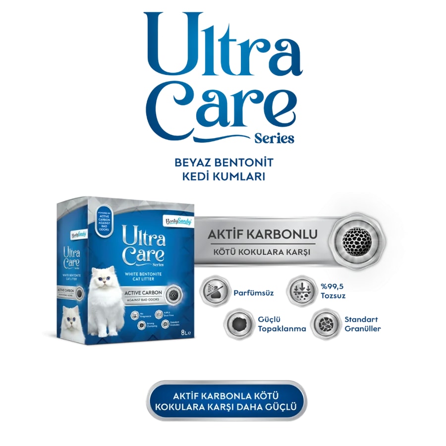 Ultra Care Aktif Karbonlu Topaklanan İnce Taneli Kedi Kumu 8L