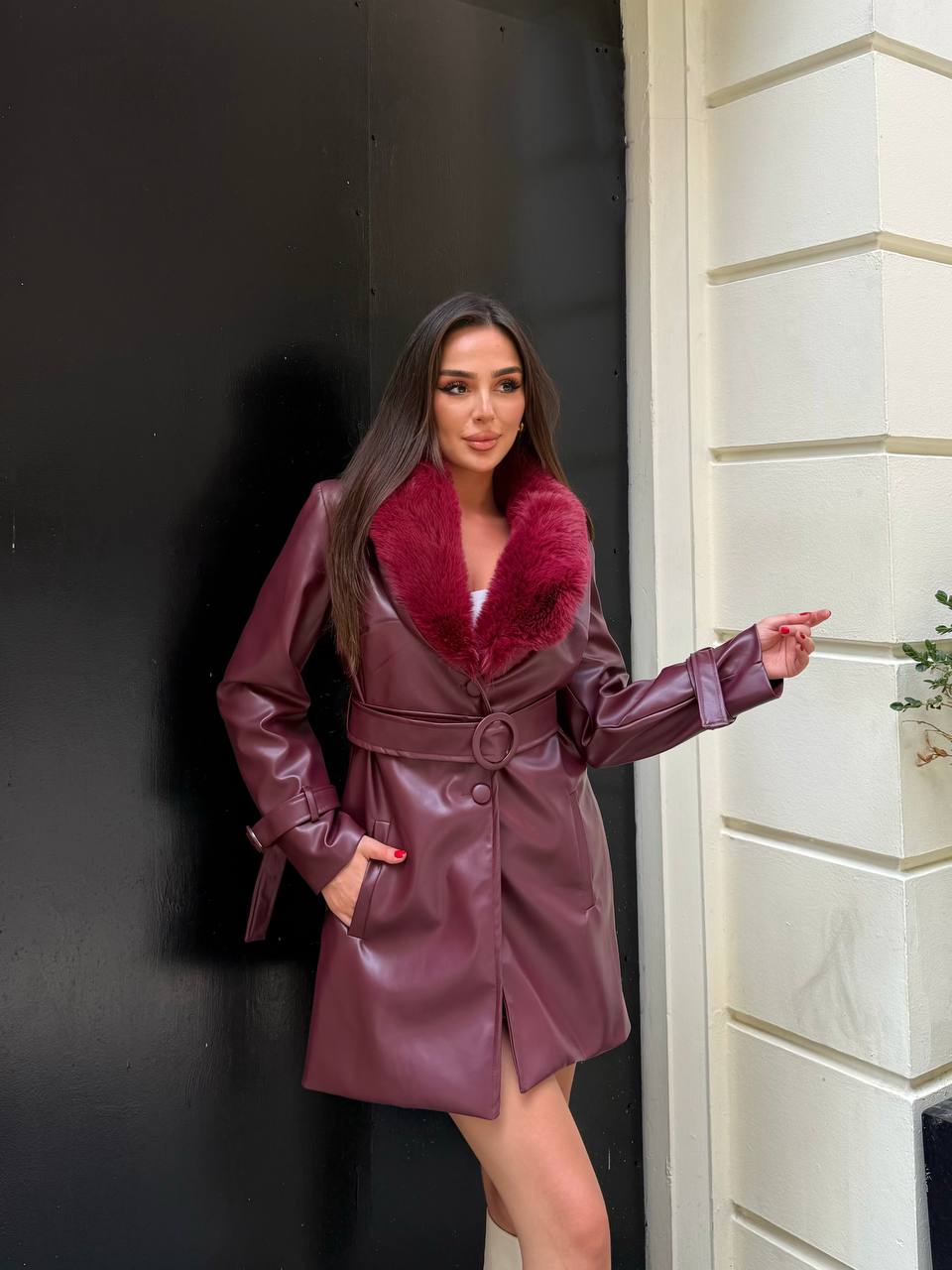 Bordo Kürklü Kısa Deri Kaban 