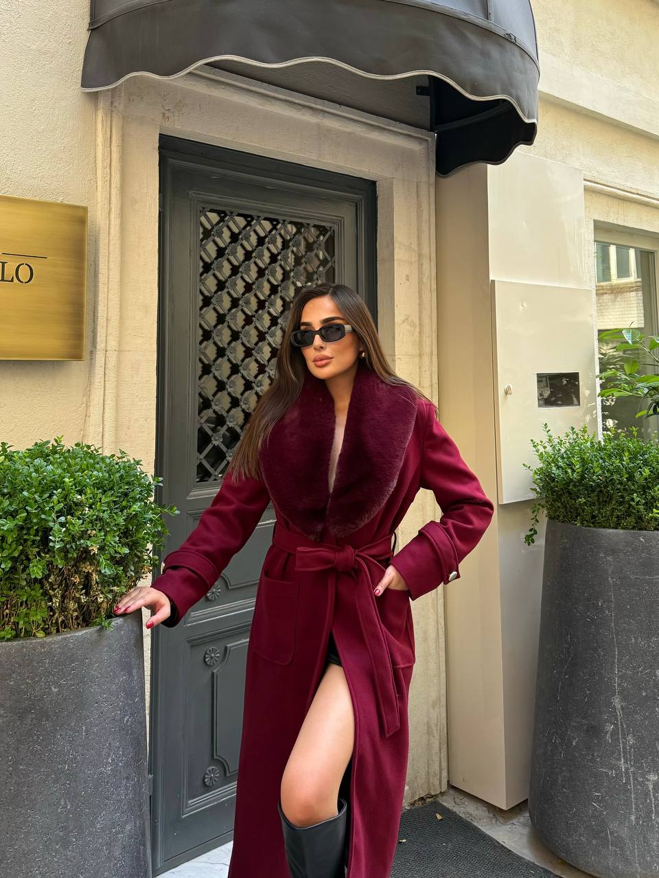 Bordo Kürklü Kaşe Kaban