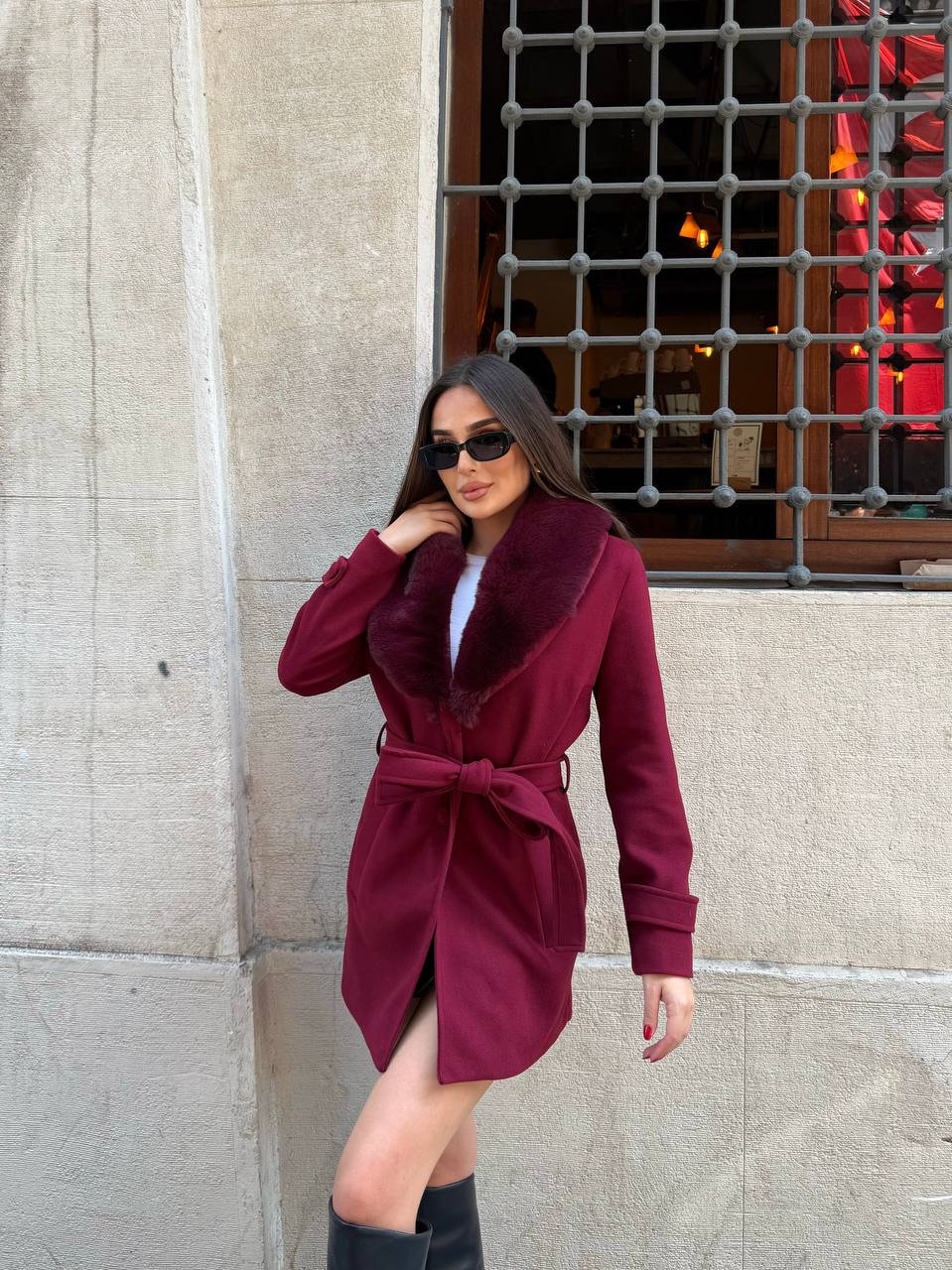 Bordo Kürklü Kaşe Kısa Kaban Astarlı