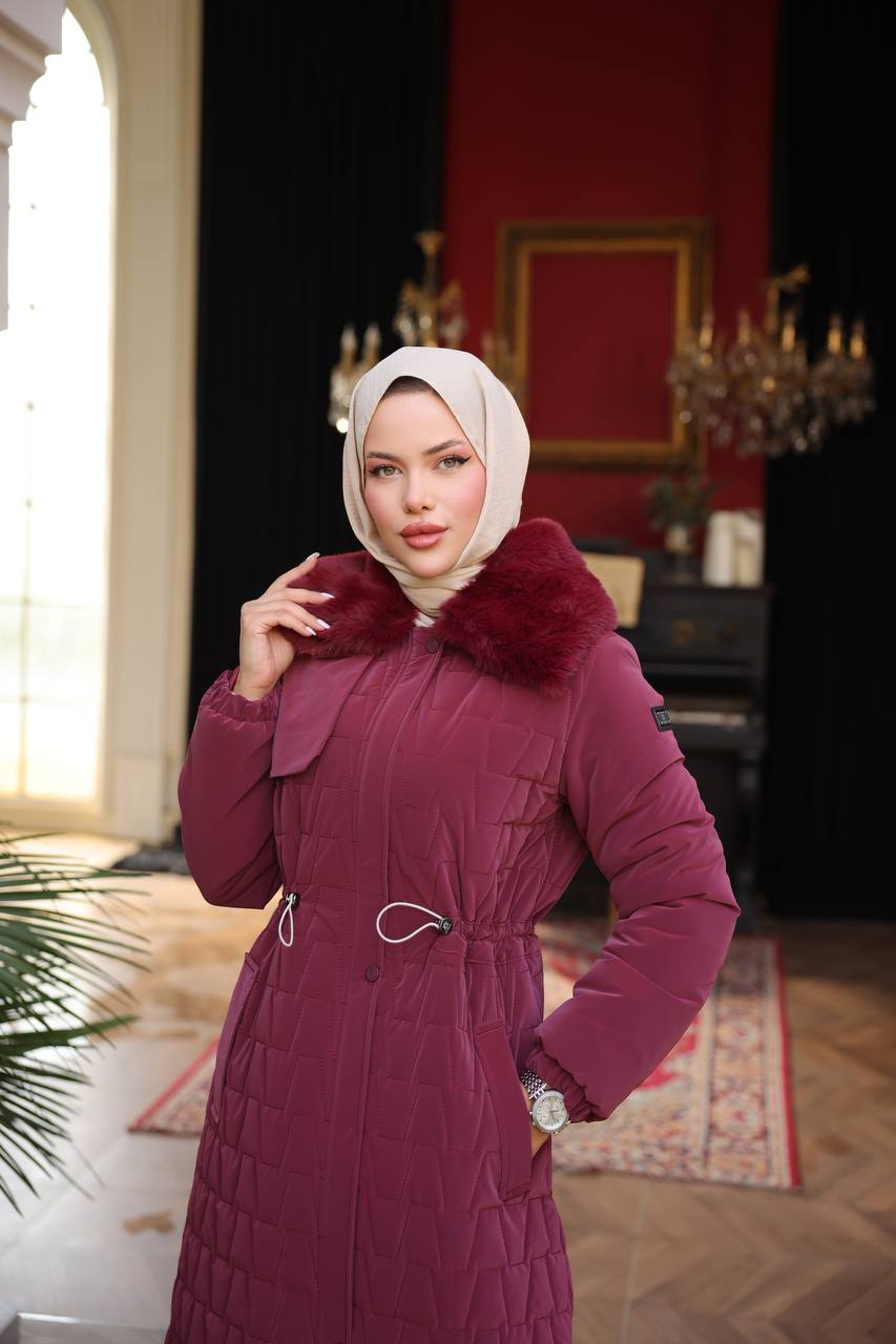 Bordo Kürk Yakalı Kapitone