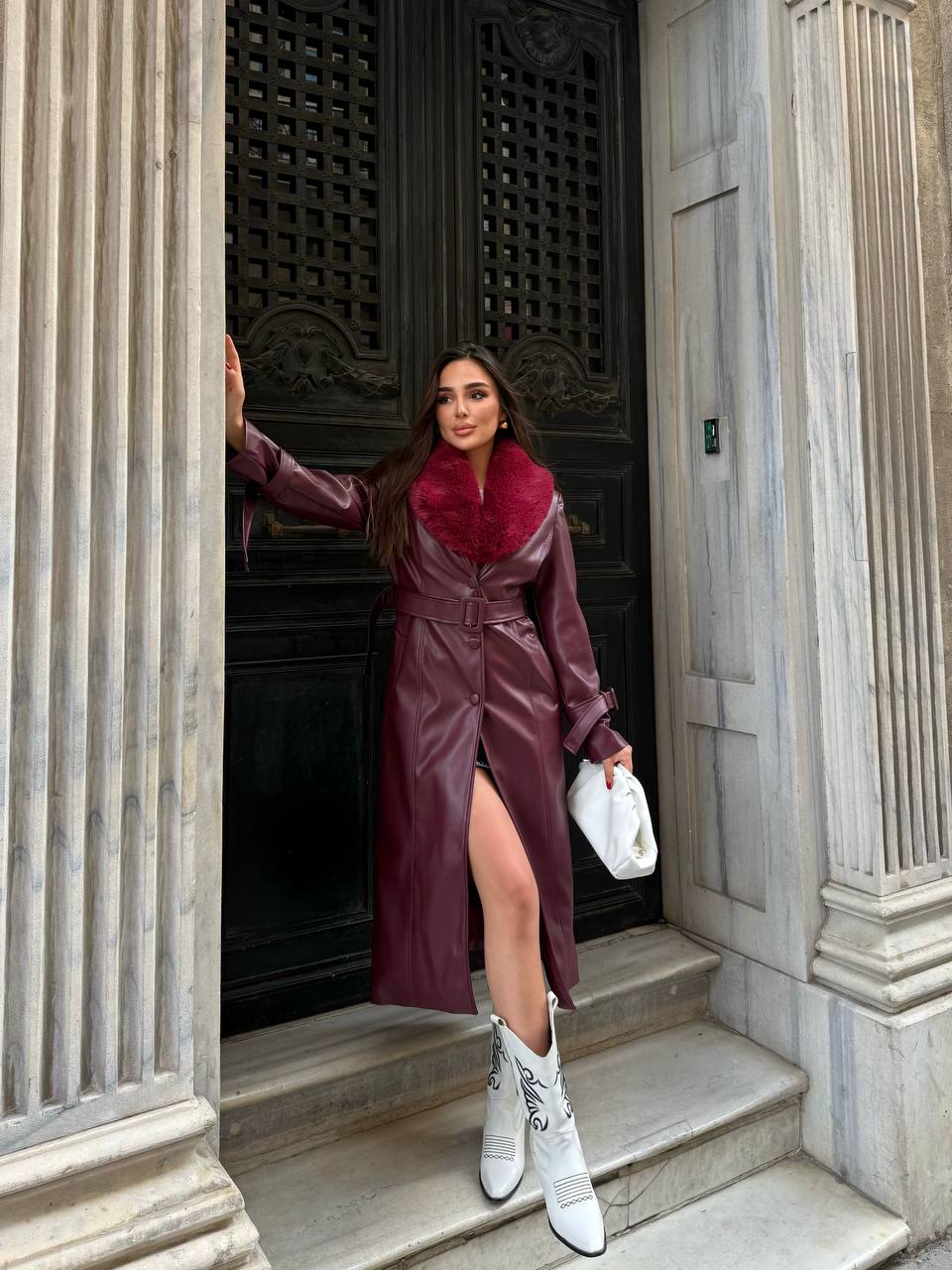 Bordo Kürklü Deri Kaban 