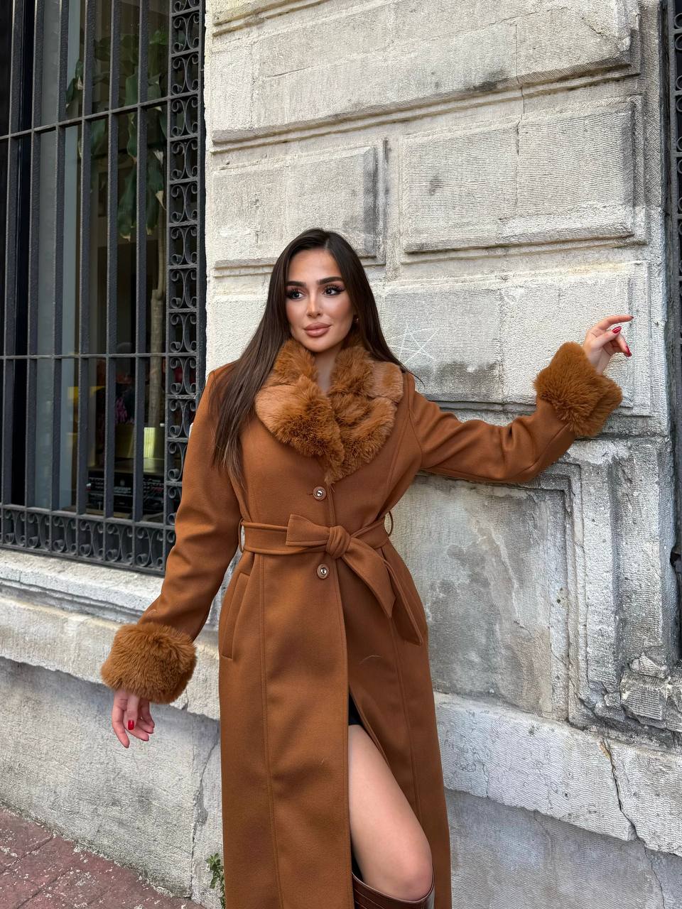 Kahverengi Kürklü Kaşe Kaban Astarlı