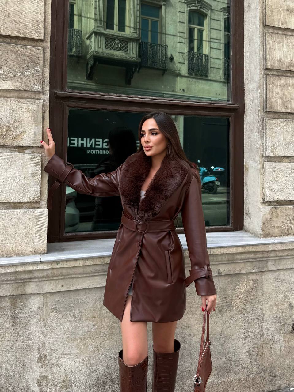 Koyu kahverengi Kürklü Kısa Deri Kaban 