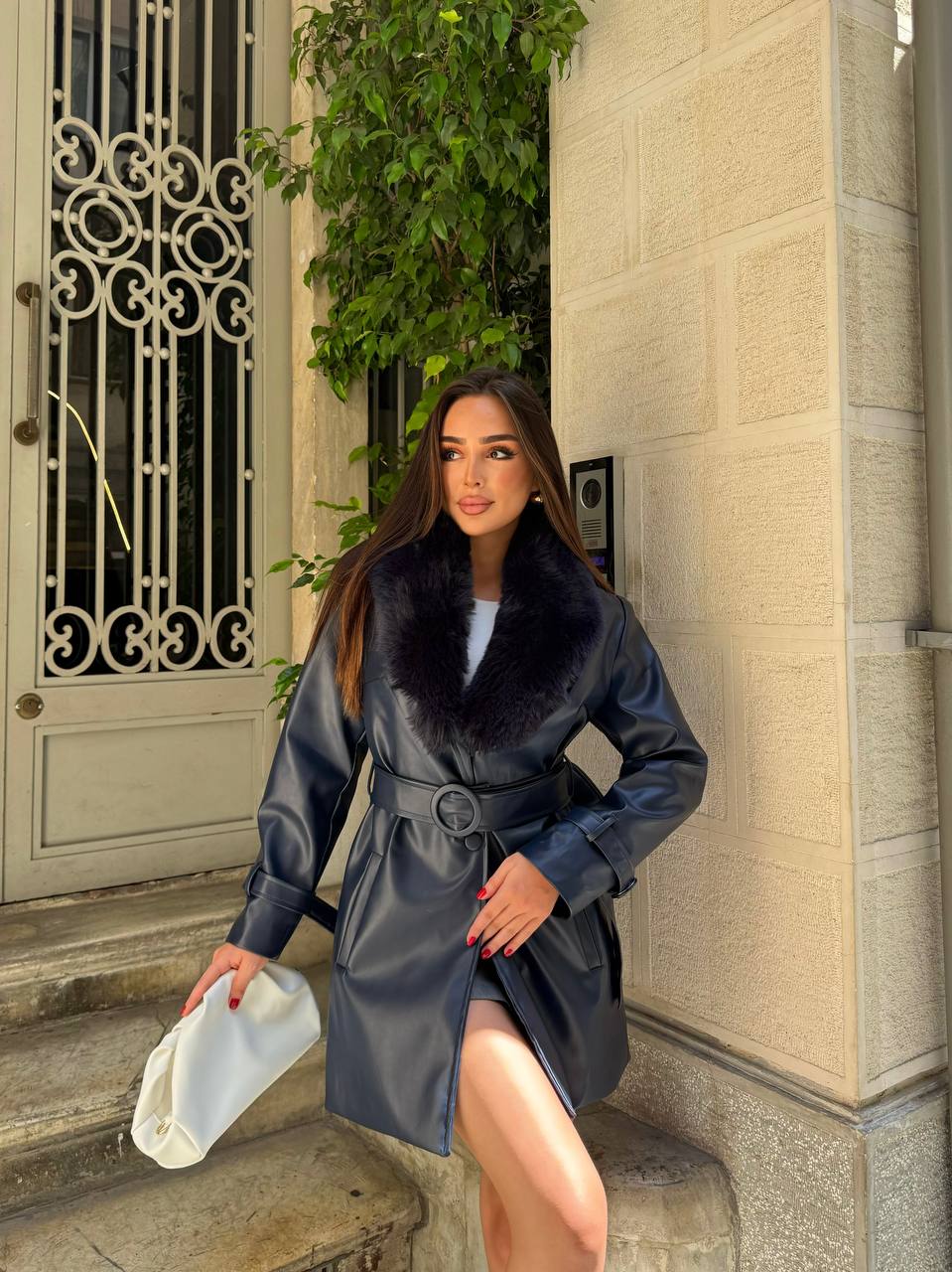 Lacivert Kürklü Kısa Deri Kaban 