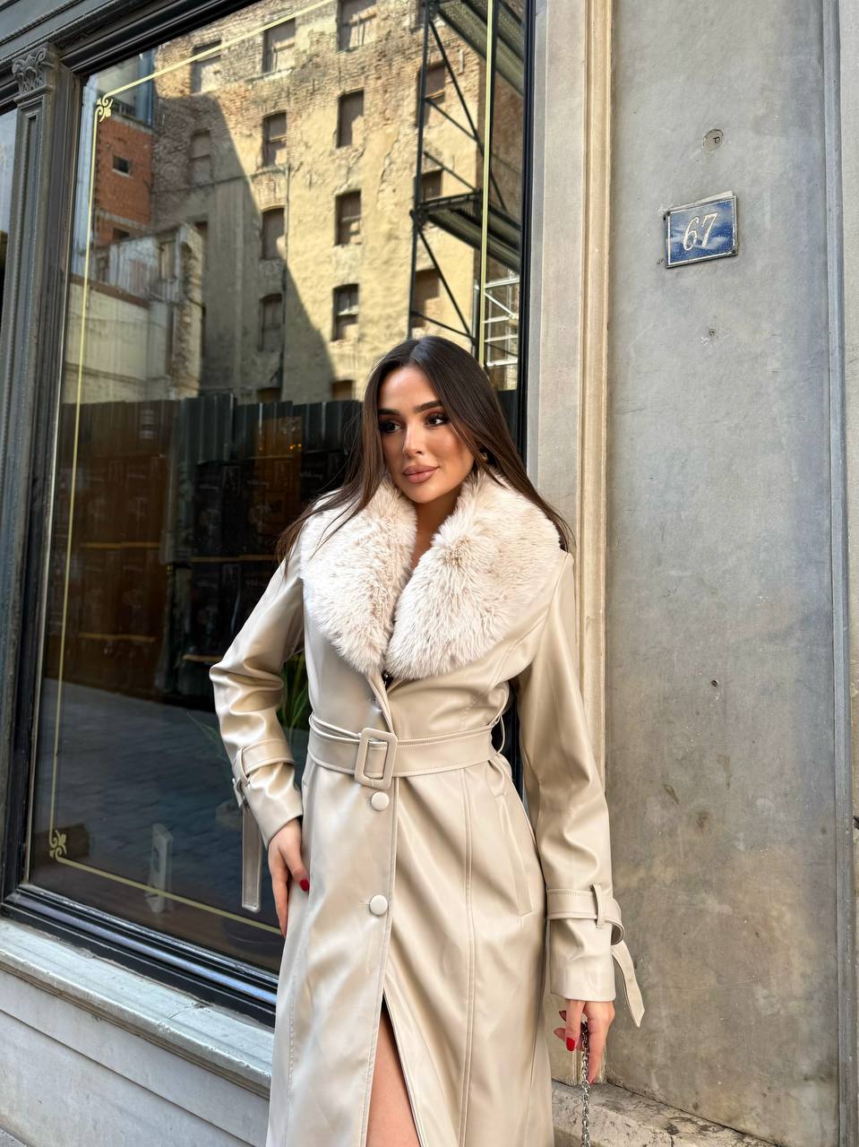 Bej Kürklü Deri Kaban 