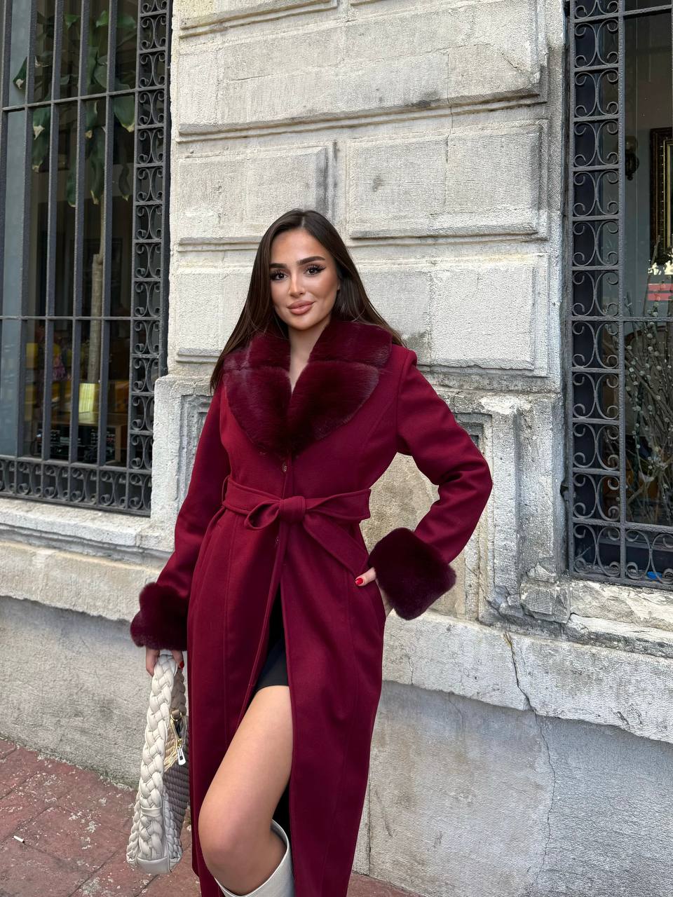 Bordo Kürklü Kaşe Kaban Astarlı