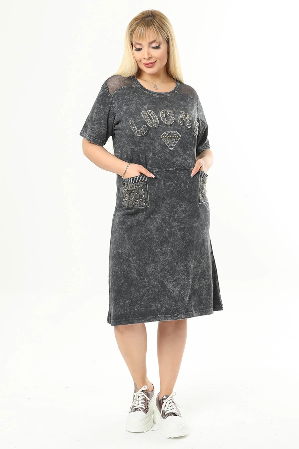 Büyük Beden Füme Omuzları File Detaylı Elbise