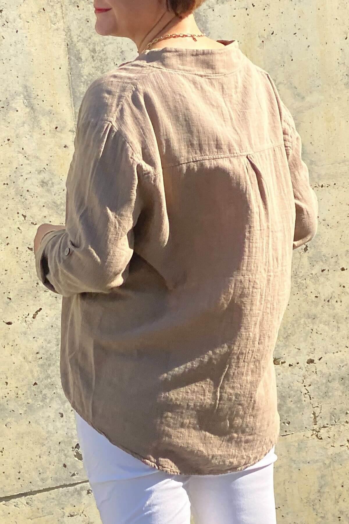 Kadın Bej Keten Hakim Yaka Bluz