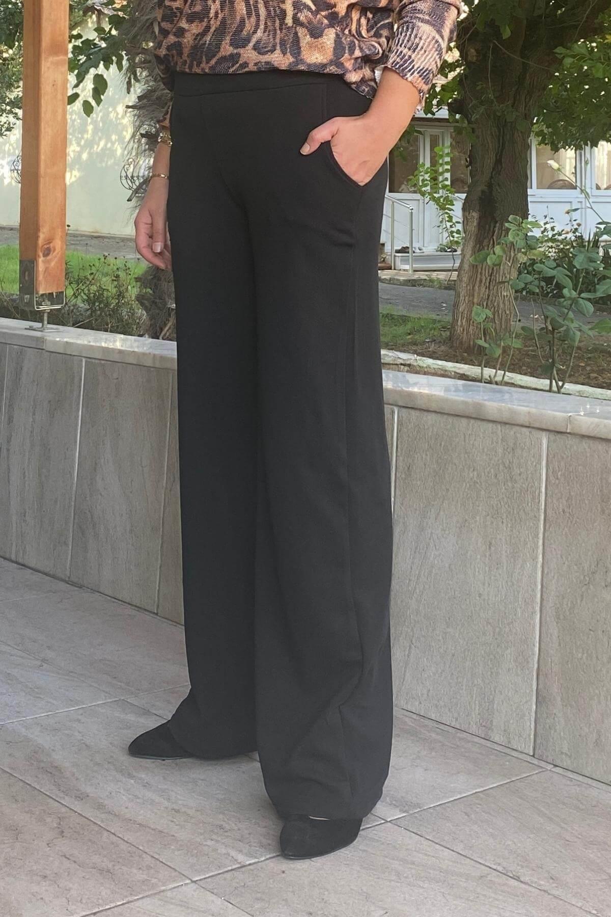 Kadın Siyah Krep Korsaj Bol  Paca Toparlaycı Pantolon