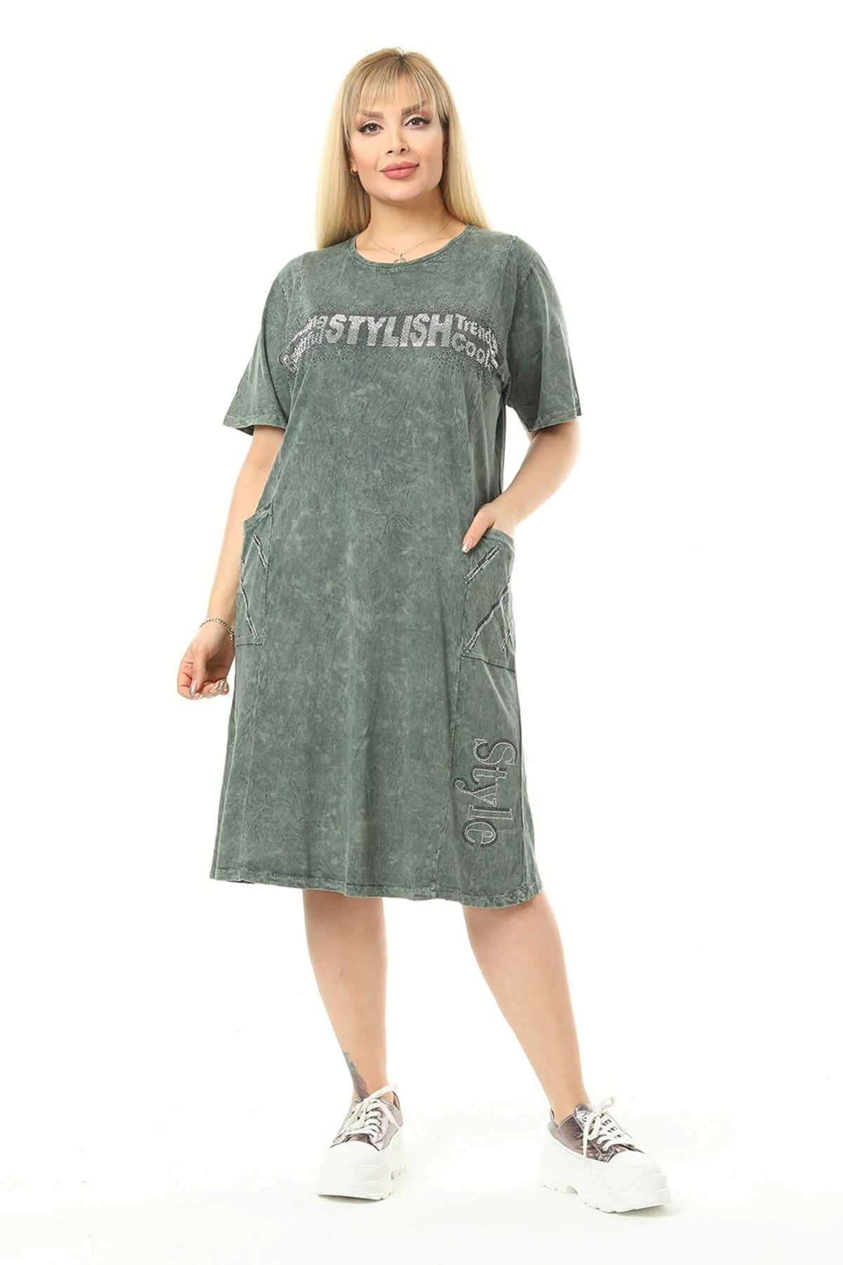 Büyük Beden Haki Küçük Taşlarla Süslenmiş Pamuklu Elbise