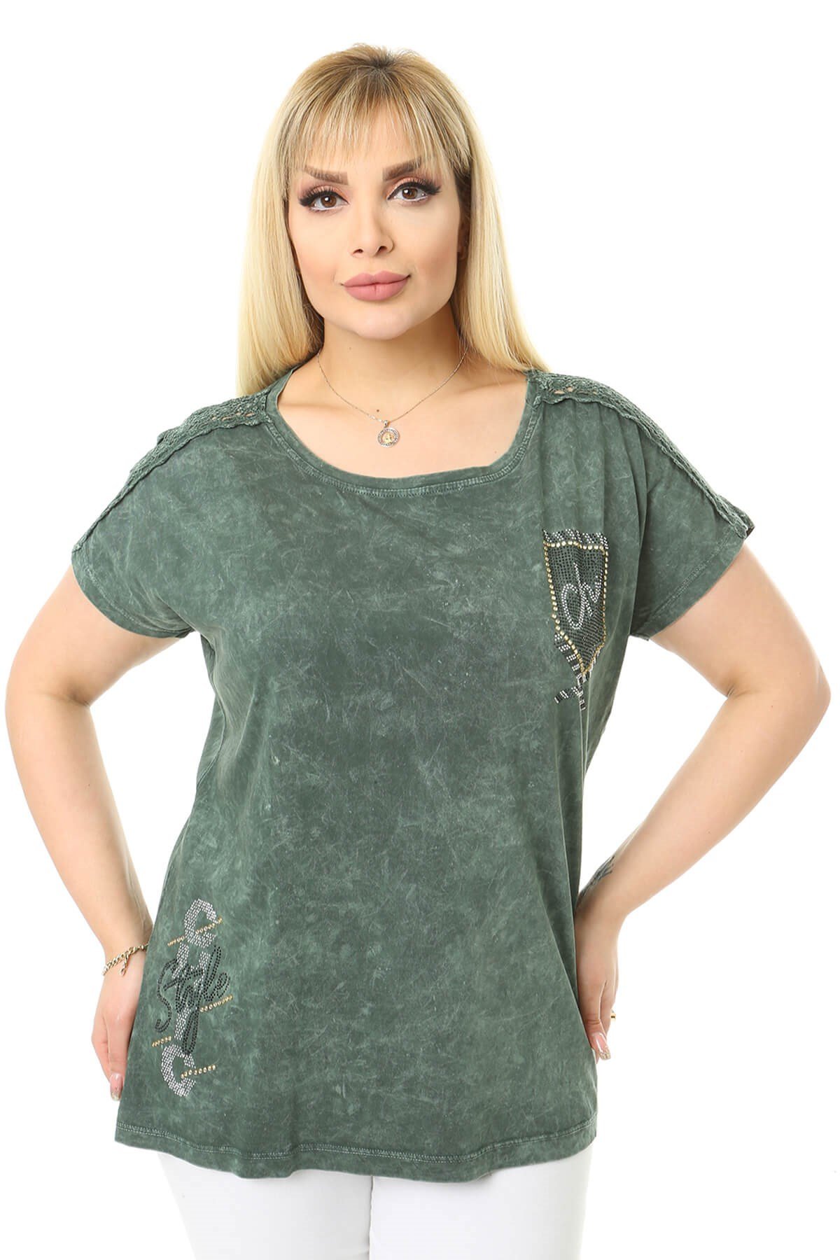 Büyük Beden Haki Omuzları Dantel Detaylı Bluz