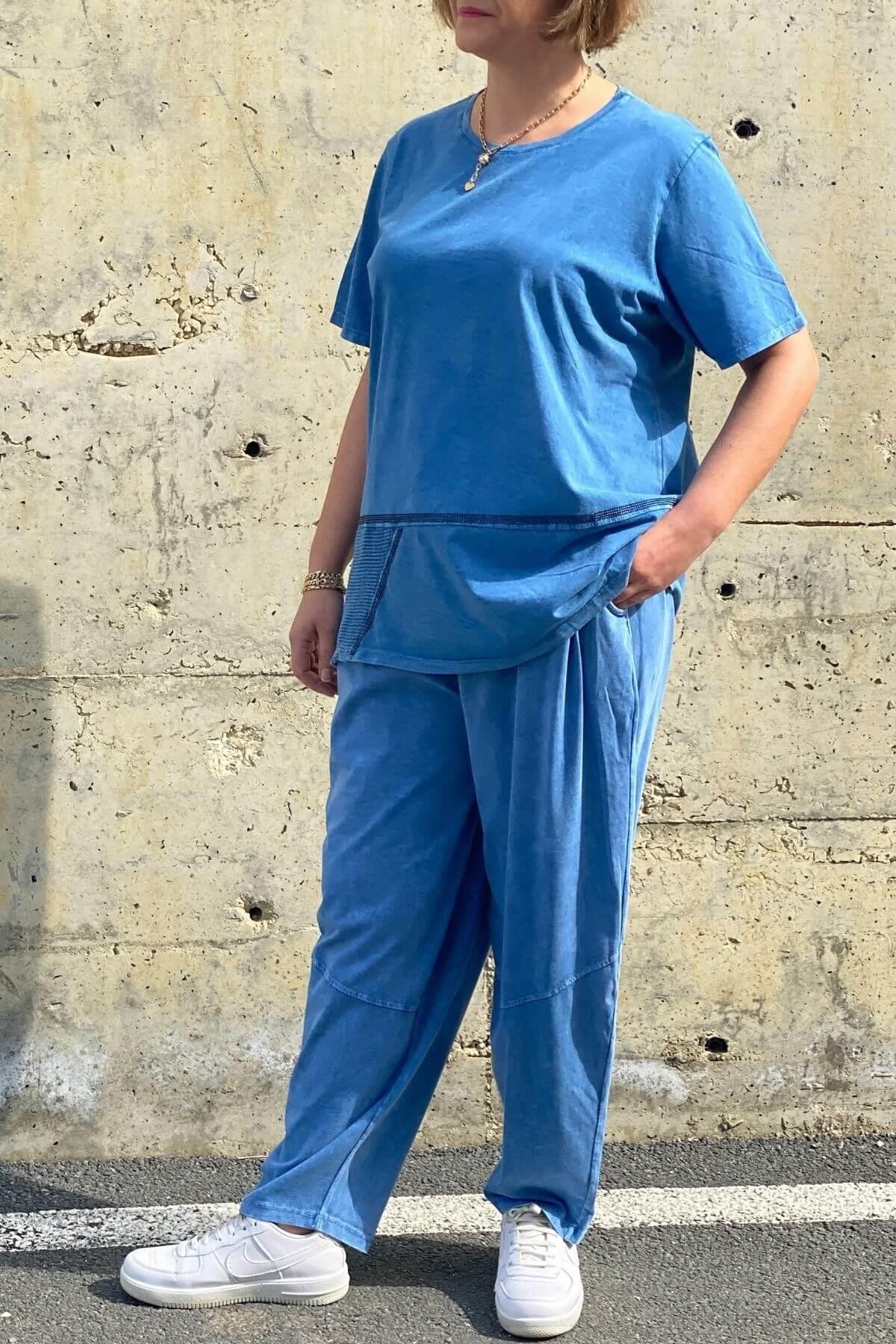 Büyük Beden Selenay Mavi Keten Takım