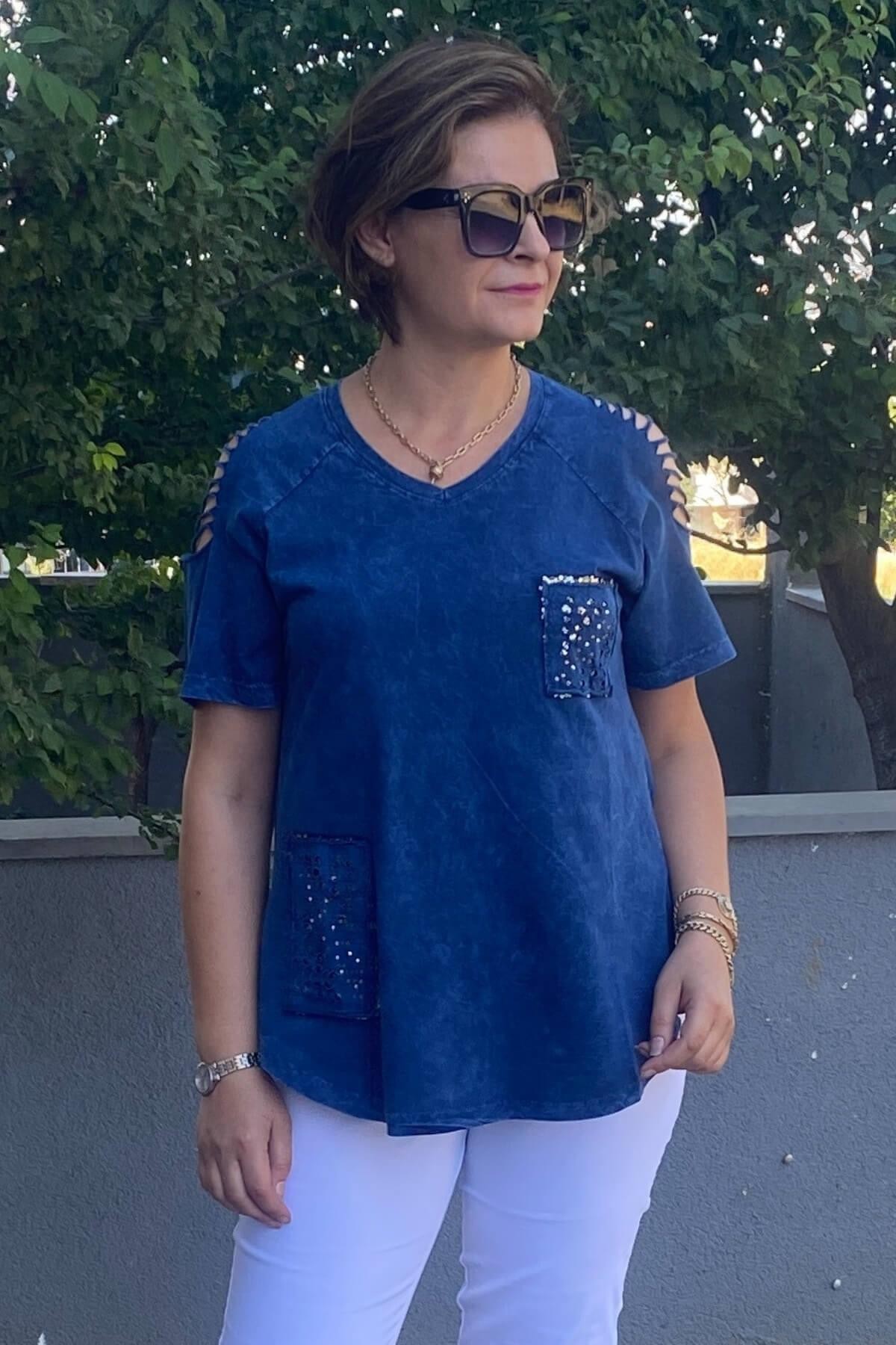 Büyük Beden Lacivert Omuz Dekolte Pamuklu Tshirt