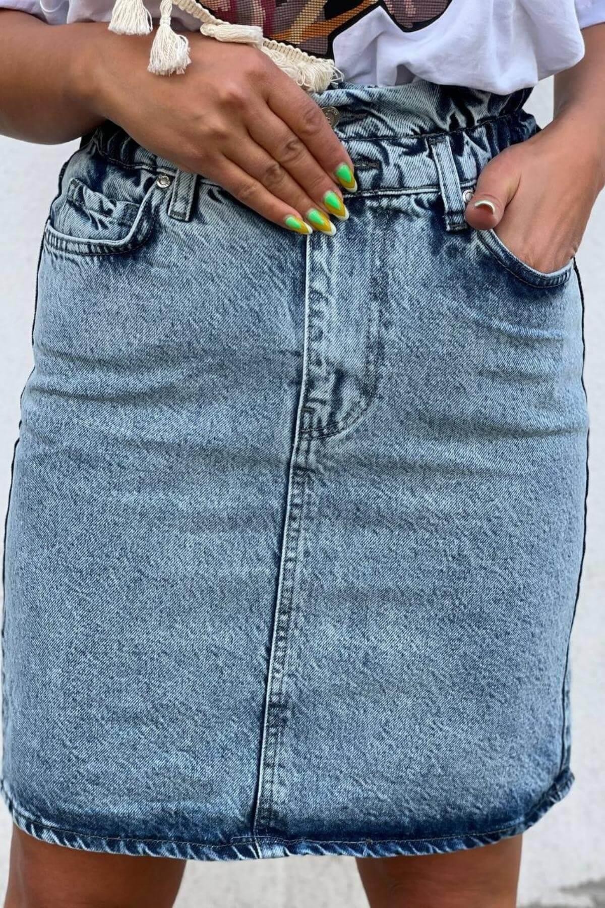 Kadın Mavi Beli Lastikli Kot Etek