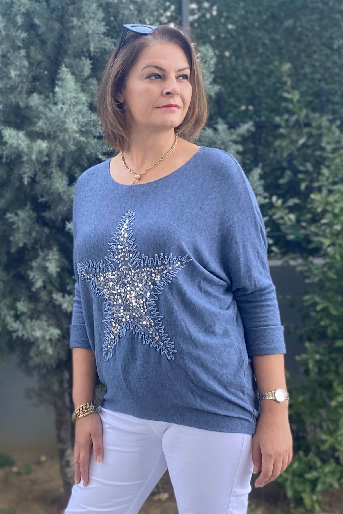 Kadın İtalyan Yıldız İşlmeli Mavi Bluz