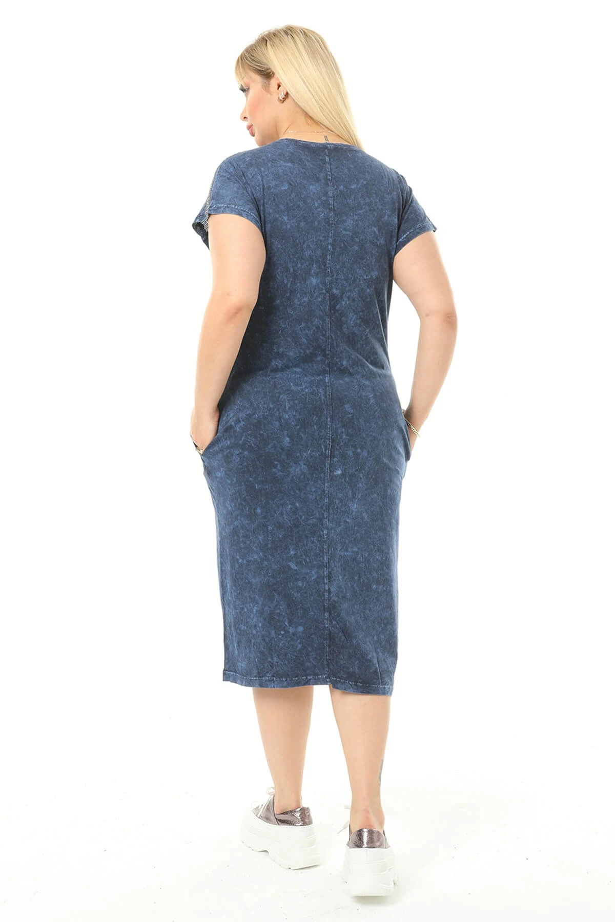 Büyük Beden Lacivert Gizli Cep Detaylı Elbise