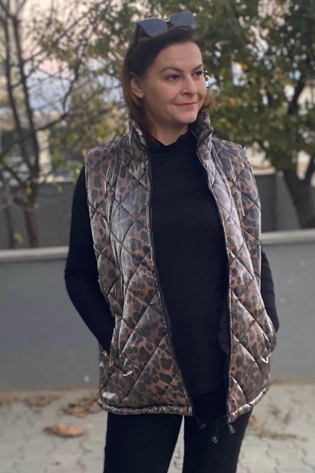Büyük Beden Kahve  Leopar Deseli  Yelek