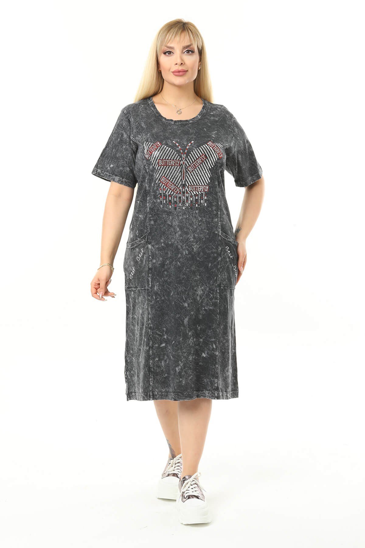 Büyük Beden Füme Kelebek Taslı Elbise