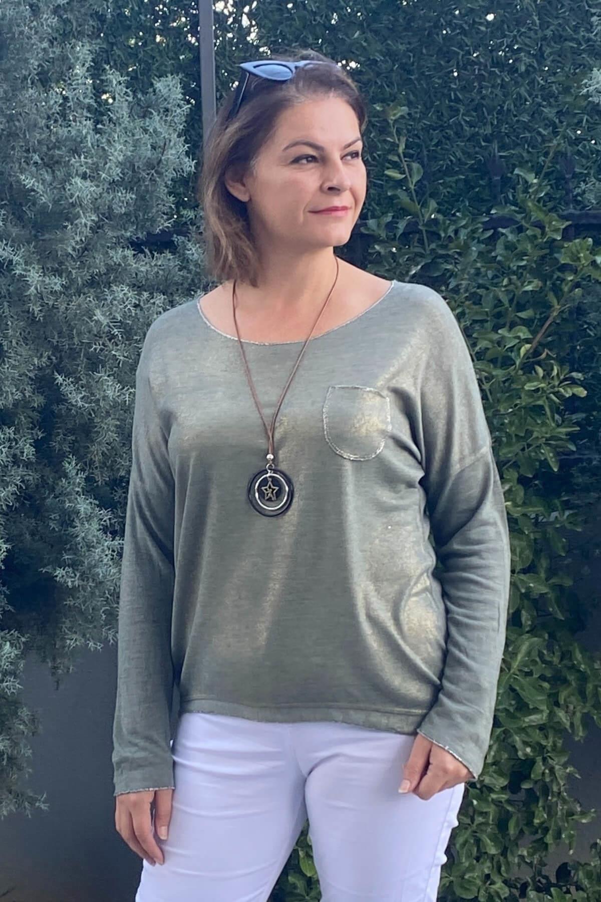 Kadın İtalyan Yeşil Varak Detaylı Triko Bluz