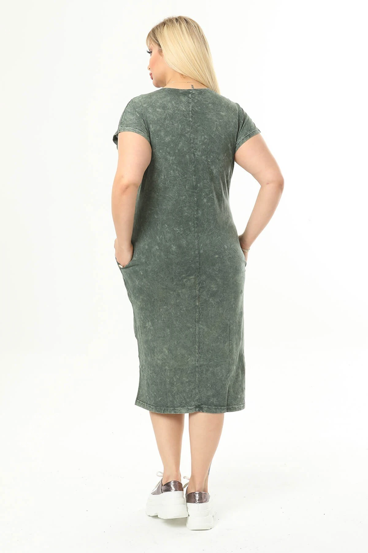 Büyük Beden Haki Gizli Cep Detaylı Elbise