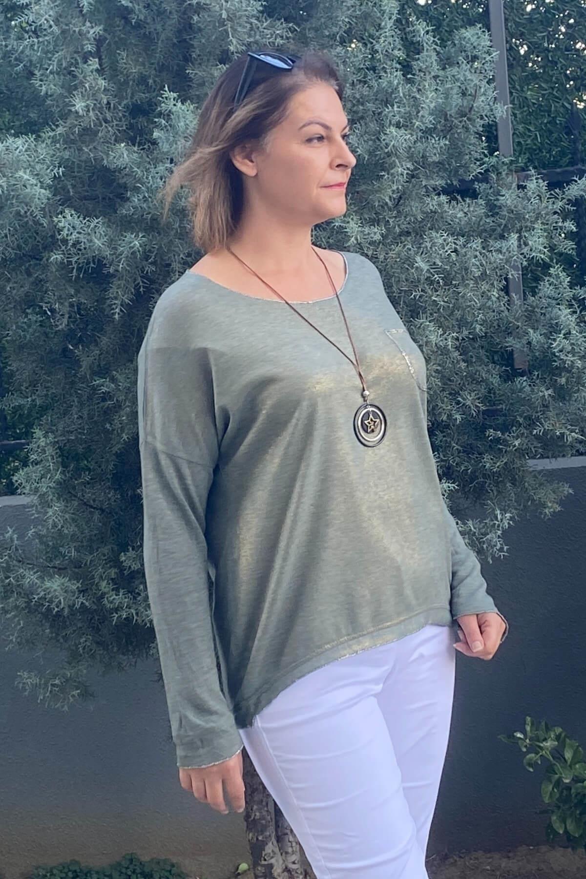 Kadın İtalyan Yeşil Varak Detaylı Triko Bluz