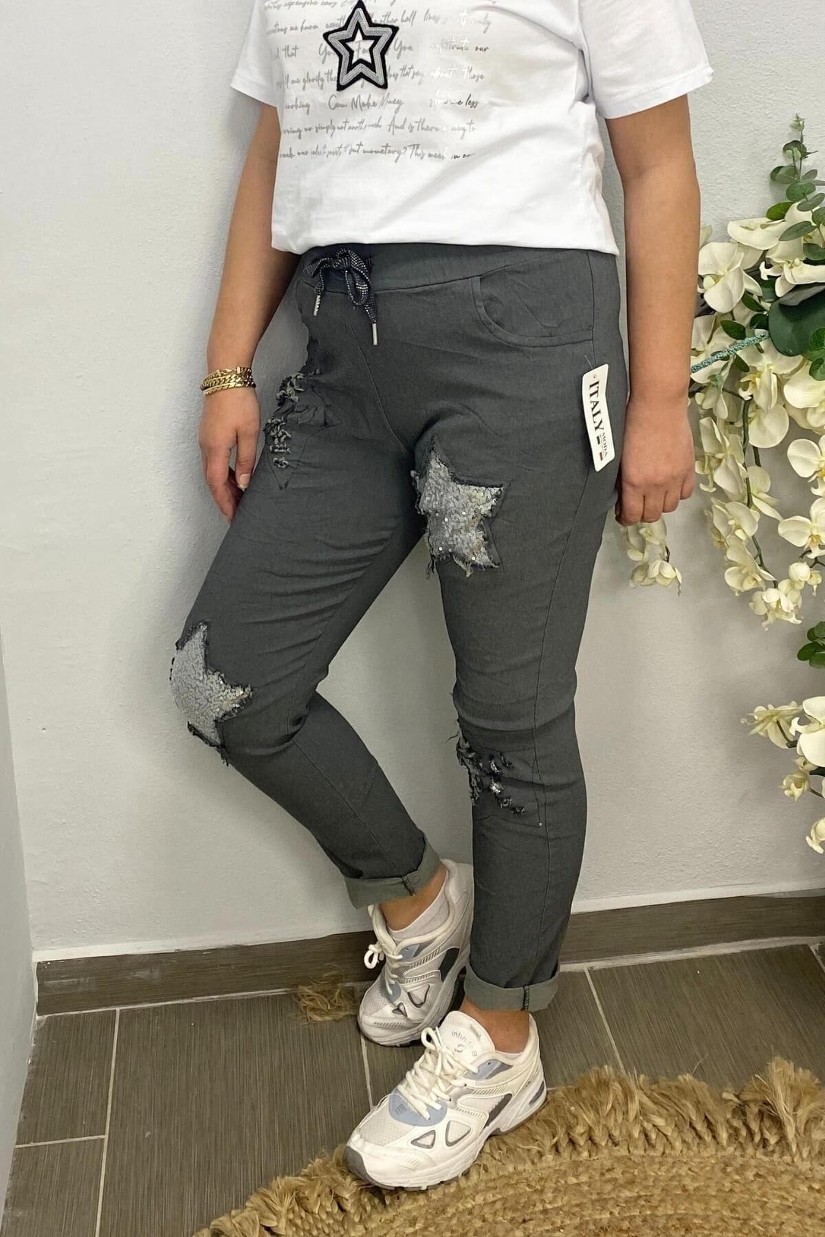 Kadın İtalyan Yıldız Detaylı Füme Pantolon