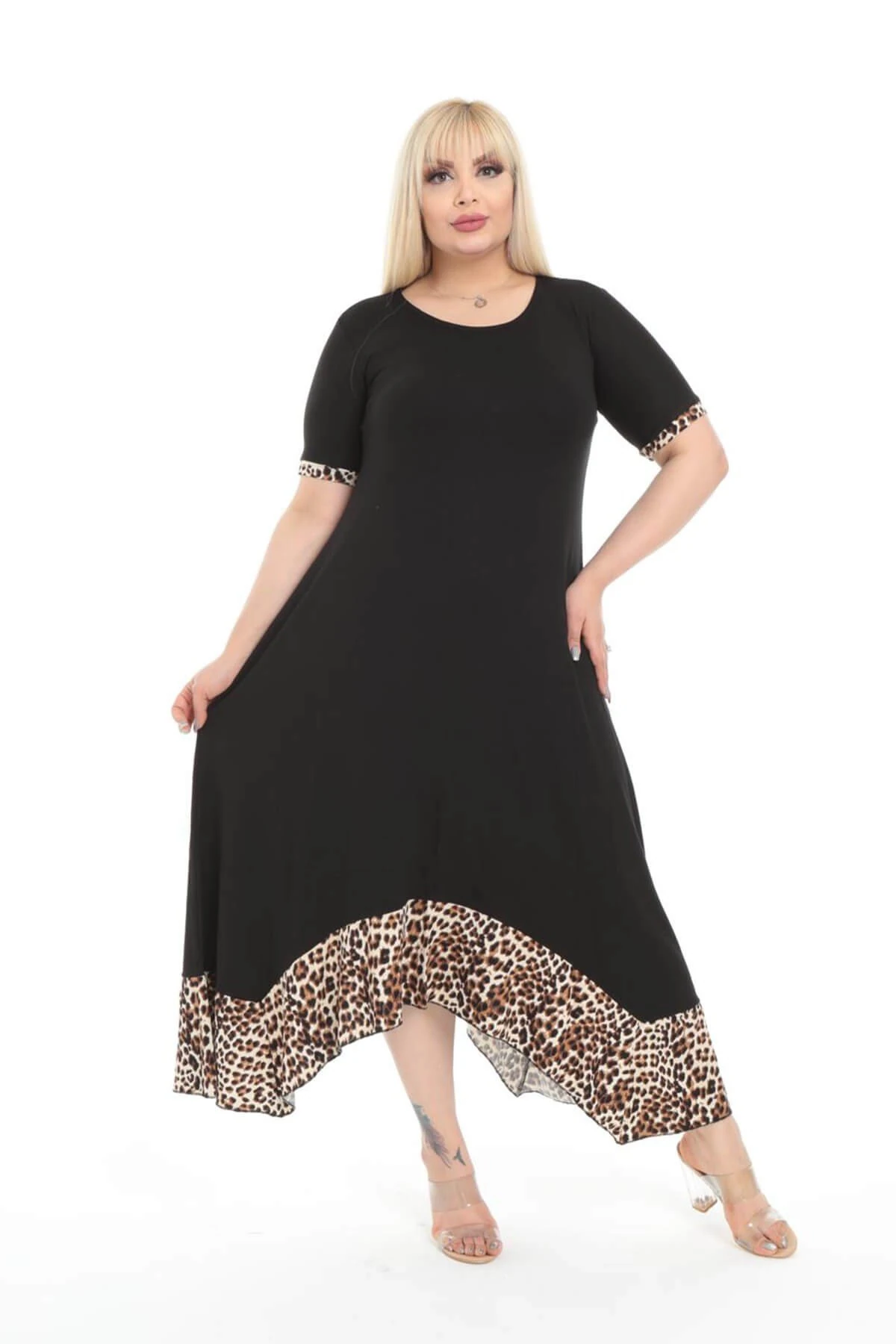 Büyük Beden Siyah Leopar Desen Asimetrik Elbise