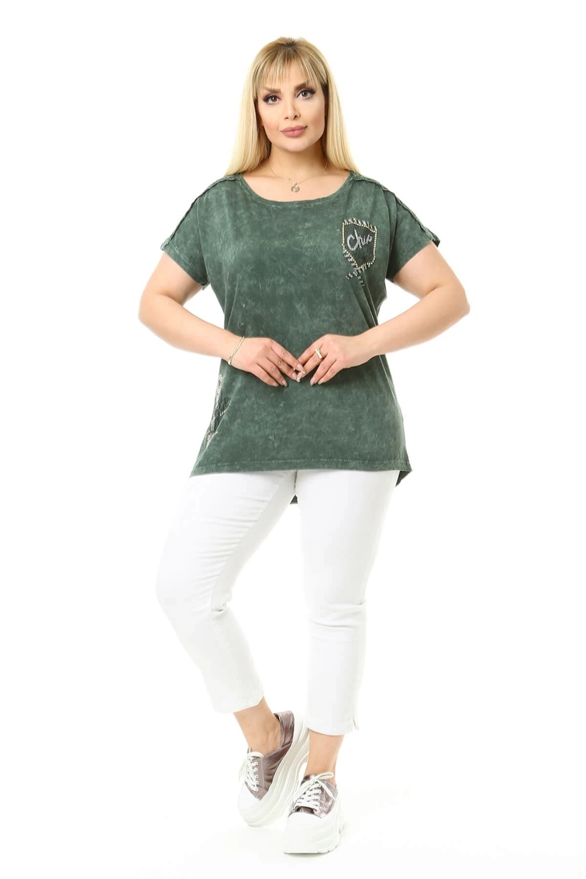 Büyük Beden Haki Omuzları Dantel Detaylı Bluz