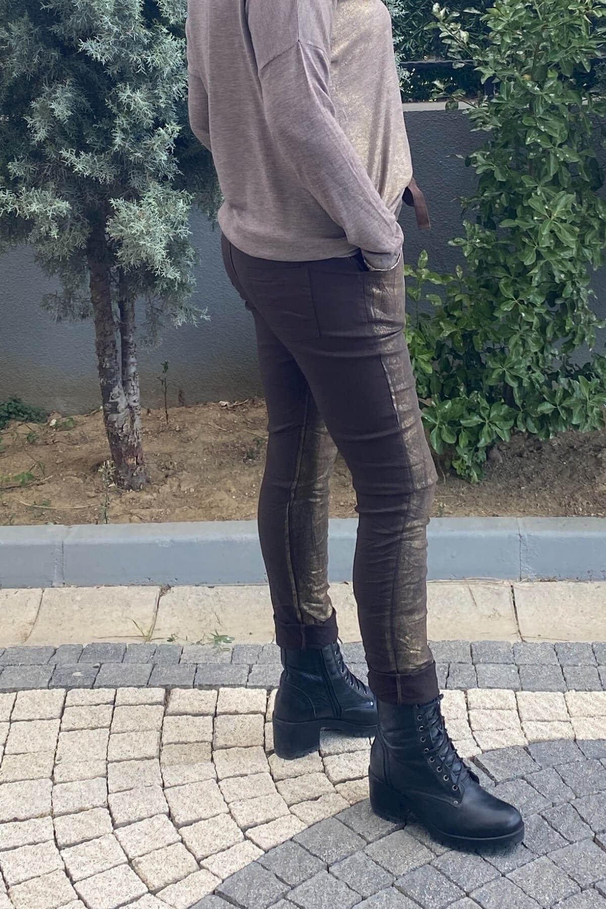 Kadın İtalyan Varak Basklı Kahve  Pantolon