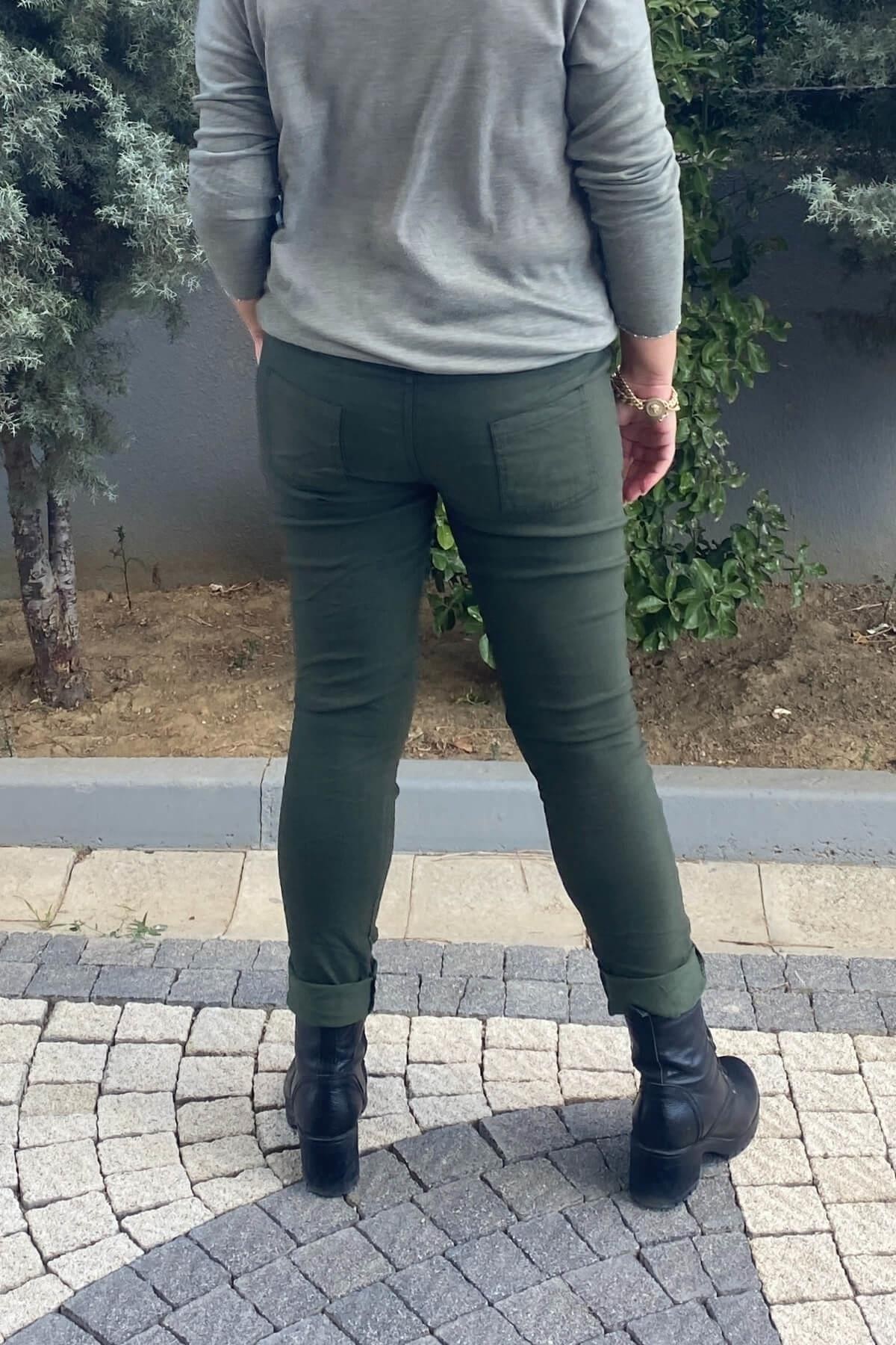 Kadın İtalyan Varak Basklı Haki  Pantolon