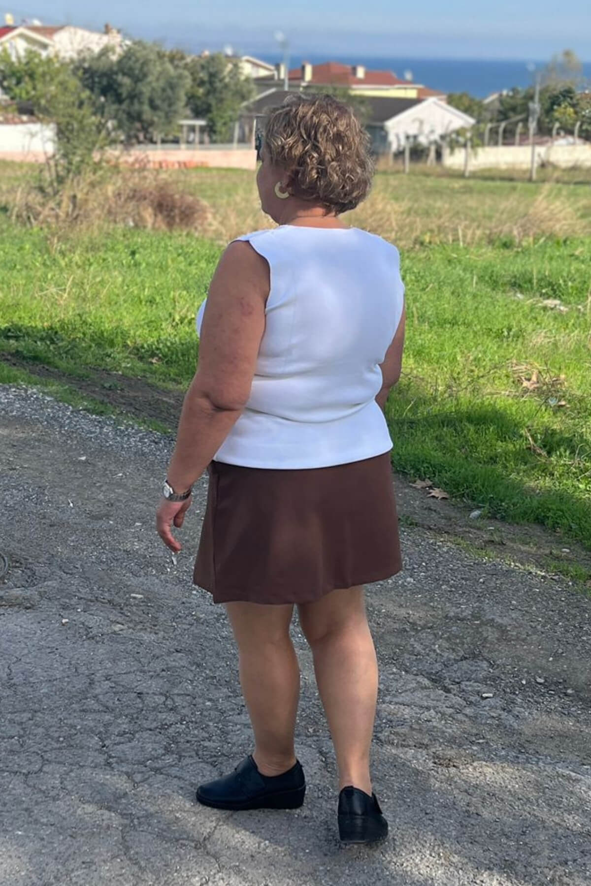 Büyük Beden Kahve Yırtmaç Detaylı Şort Etek 