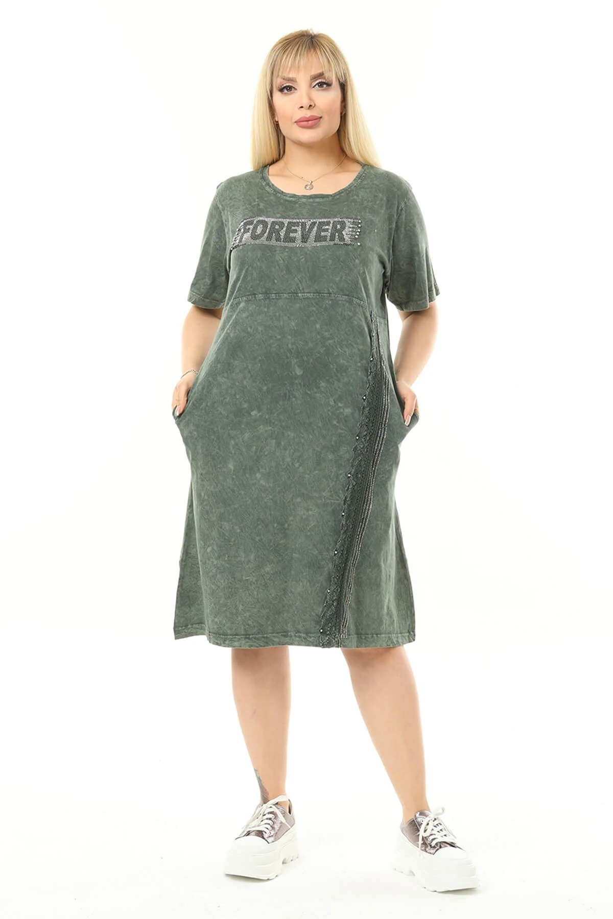 Büyük Beden Haki Yuvarlak Yaka Yıkamalı Elbise