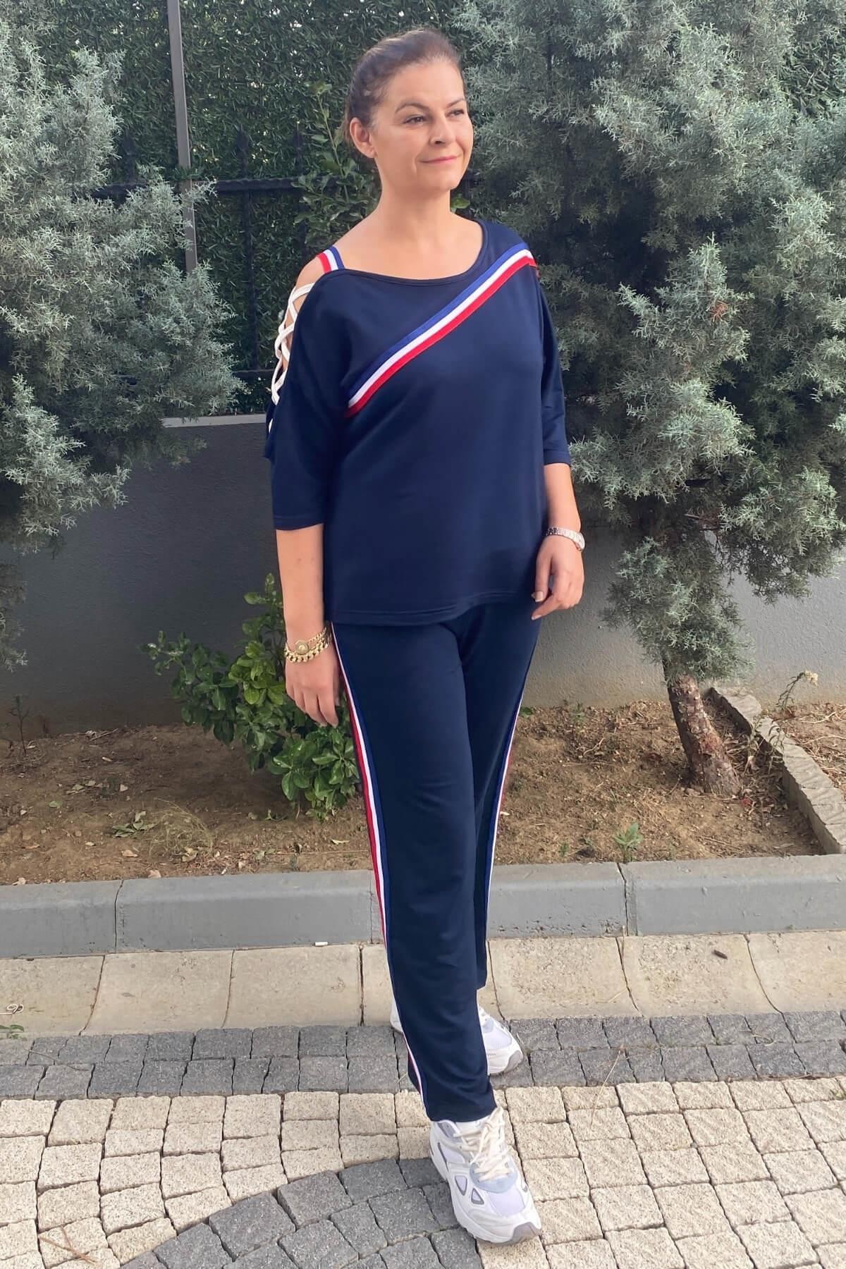 Büyük Beden Lacivert Tek Omuz Dekolteli Eşortman Takım